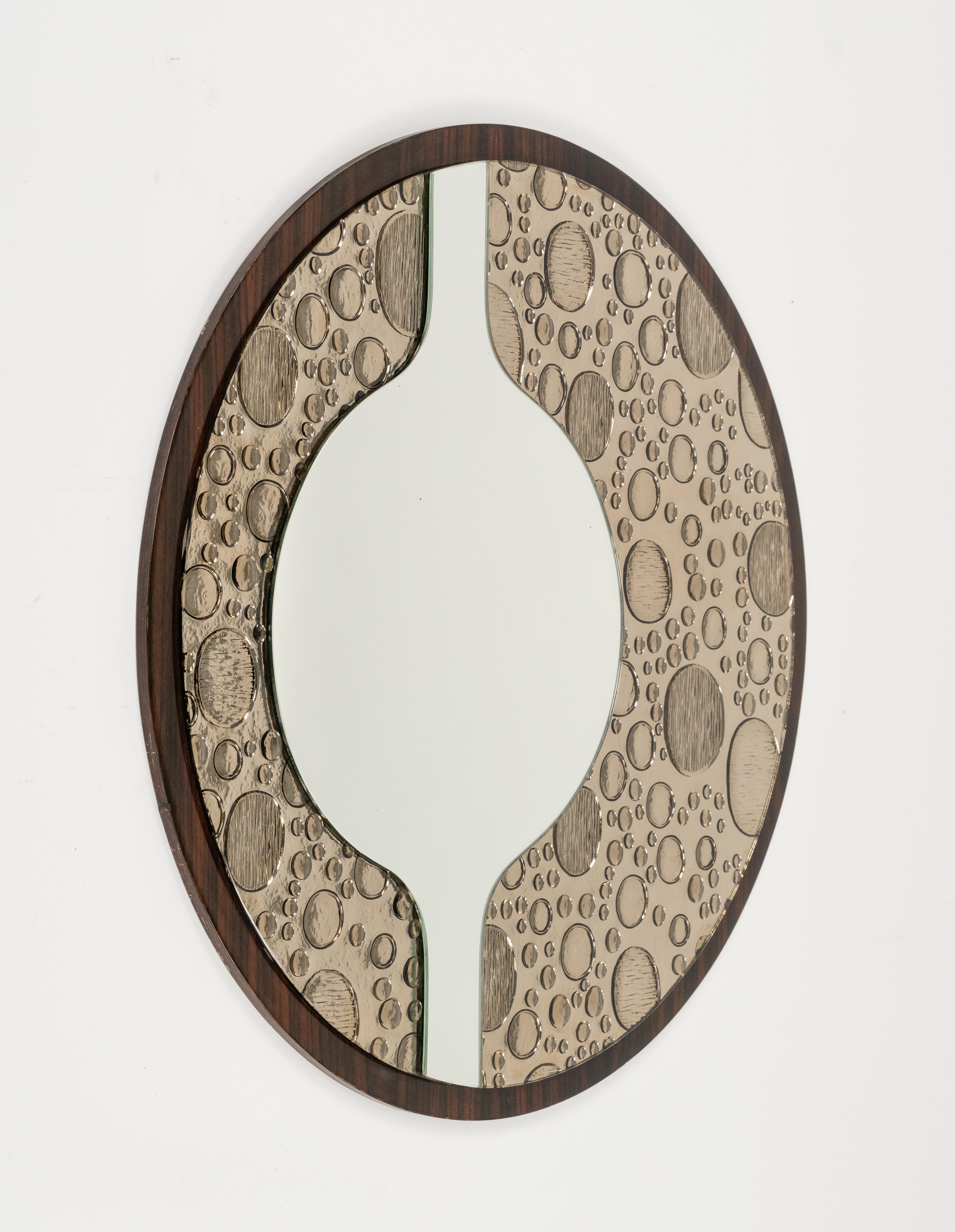 Mid-Century Modern Midcentury Round Wall Mirror in Wood and Glass, Italy 1970s For Sale