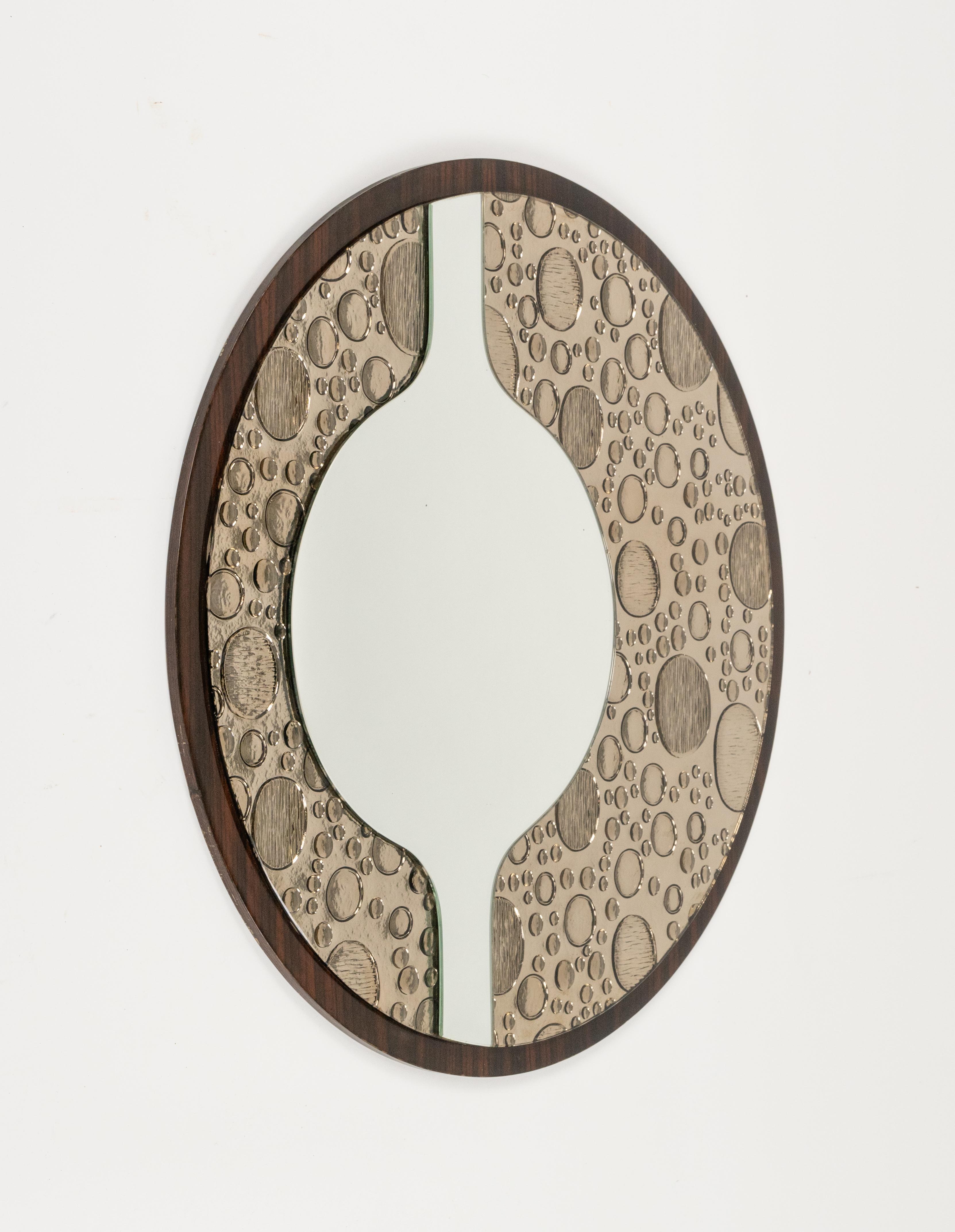 Italian Midcentury Round Wall Mirror in Wood and Glass, Italy 1970s For Sale