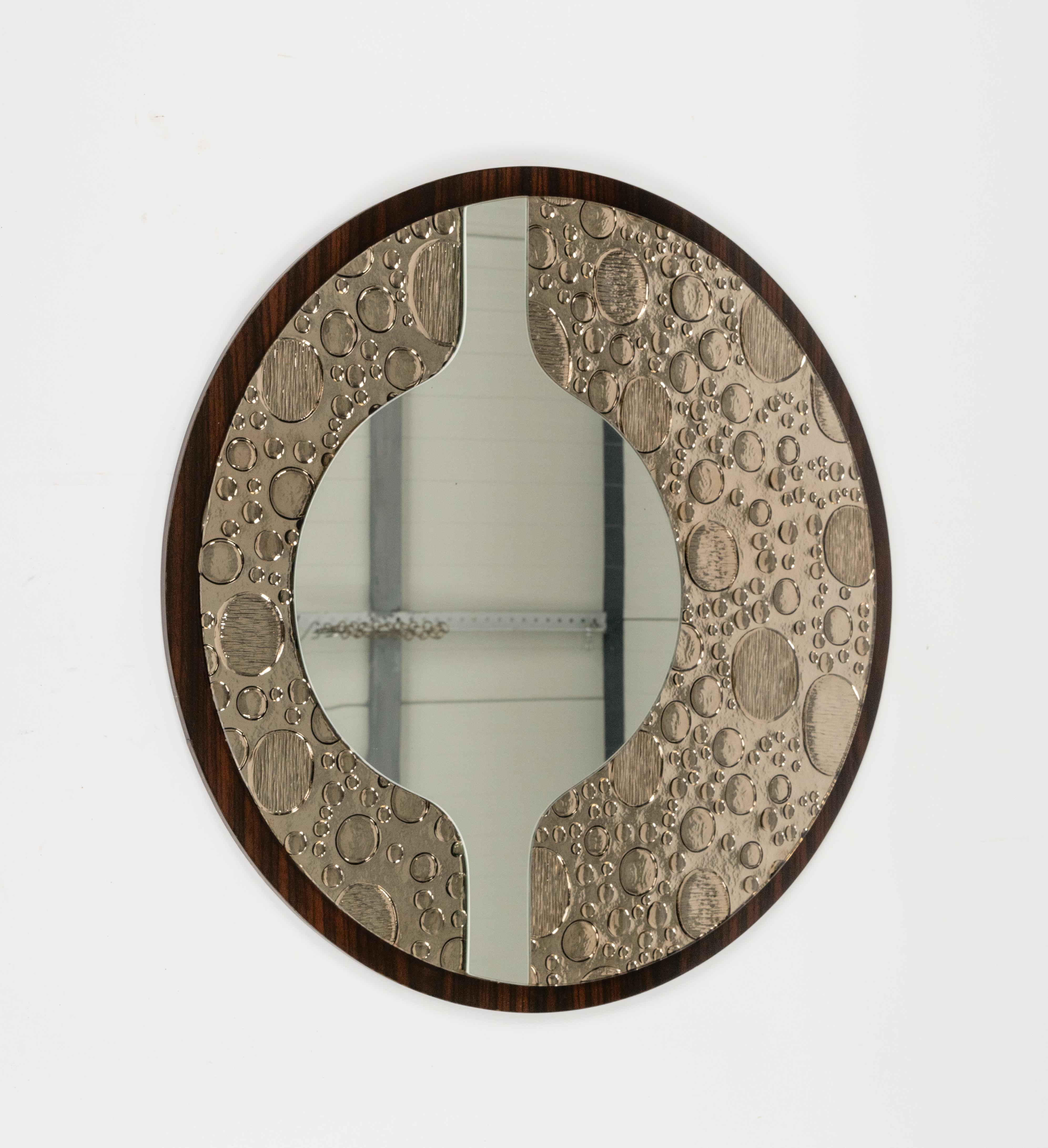 Midcentury Round Wall Mirror in Wood and Glass, Italy 1970s In Good Condition For Sale In Rome, IT