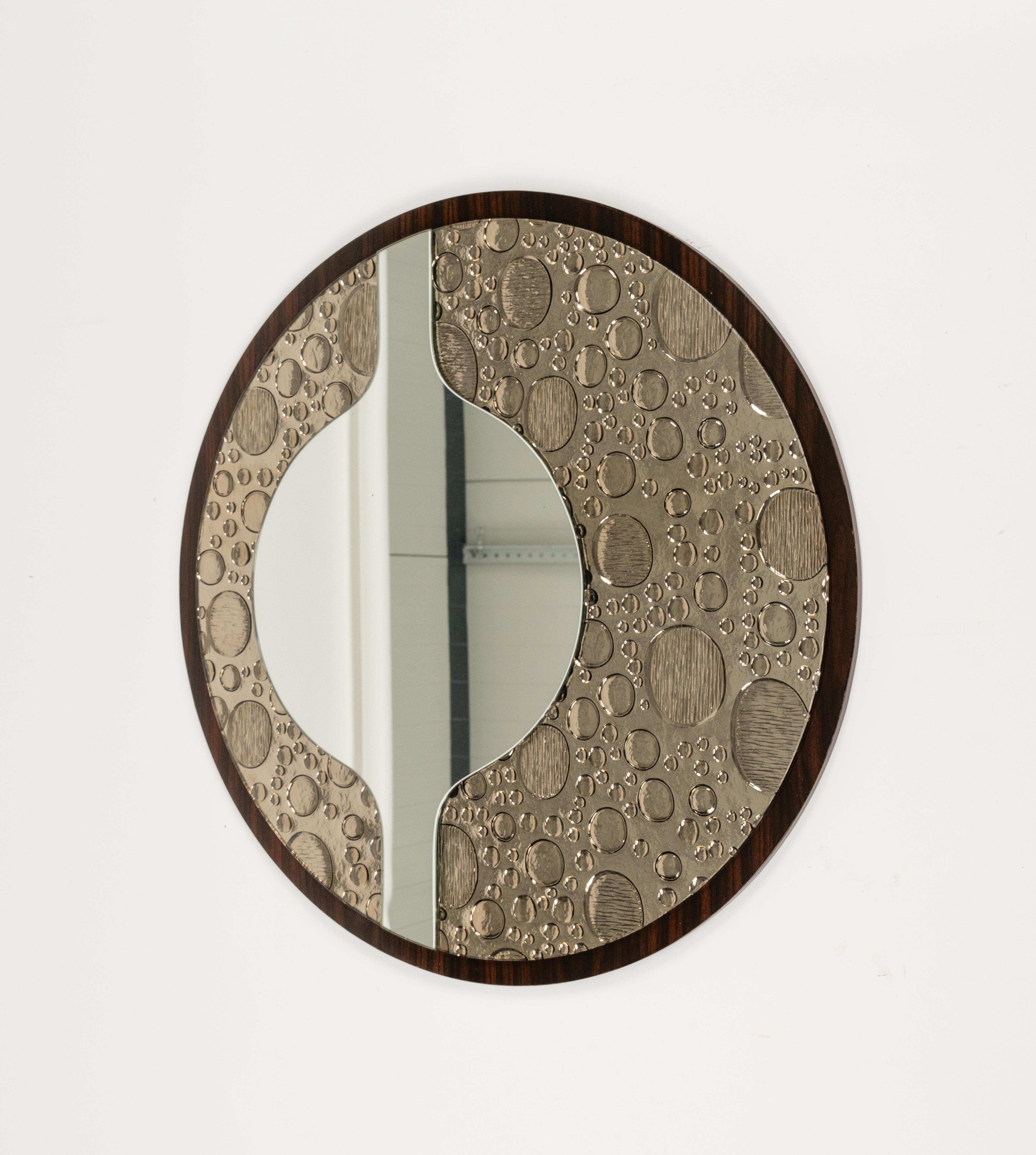 Midcentury Round Wall Mirror in Wood and Glass, Italy 1970s For Sale 2