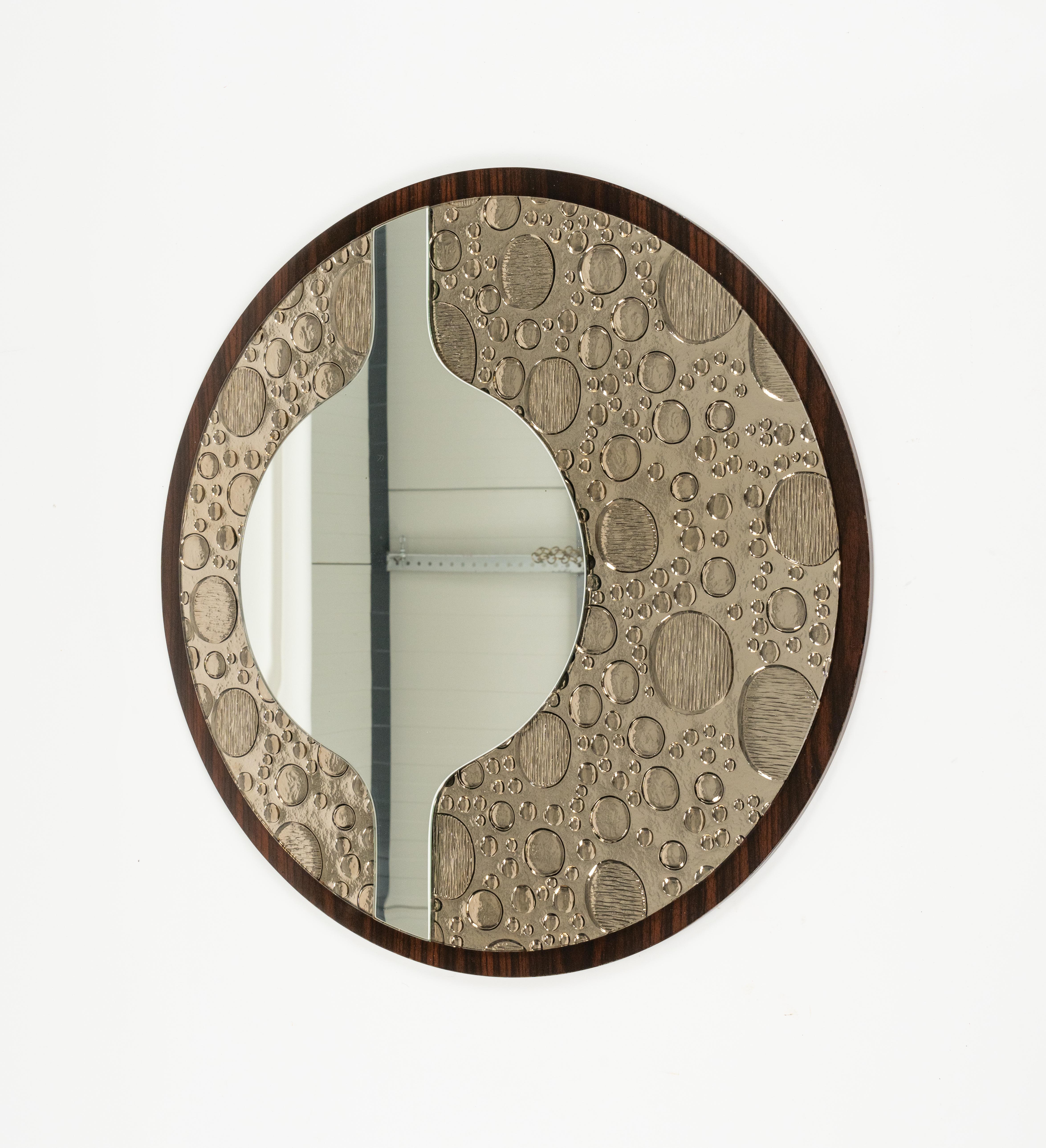 Midcentury Round Wall Mirror in Wood and Glass, Italy 1970s For Sale 3