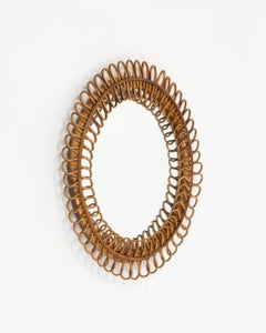 Midcentury Round Wall Mirror Rattan and Bamboo Franco Albini Style, Italy 1960s