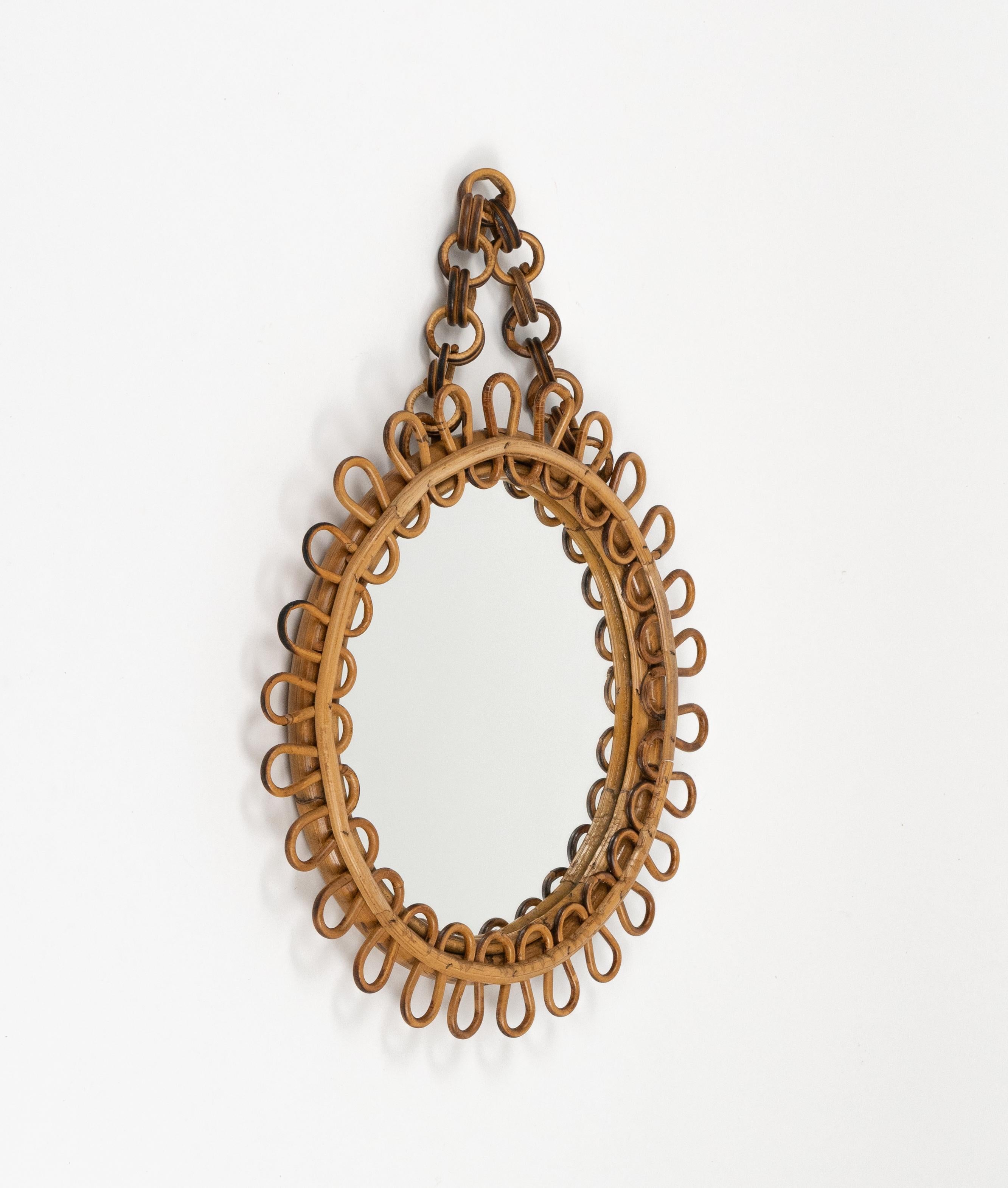 Espejo de pared redondo de mediados de siglo Estilo Franco Albini de ratán y bambú, Italia Años 60 Moderno de mediados de siglo en venta