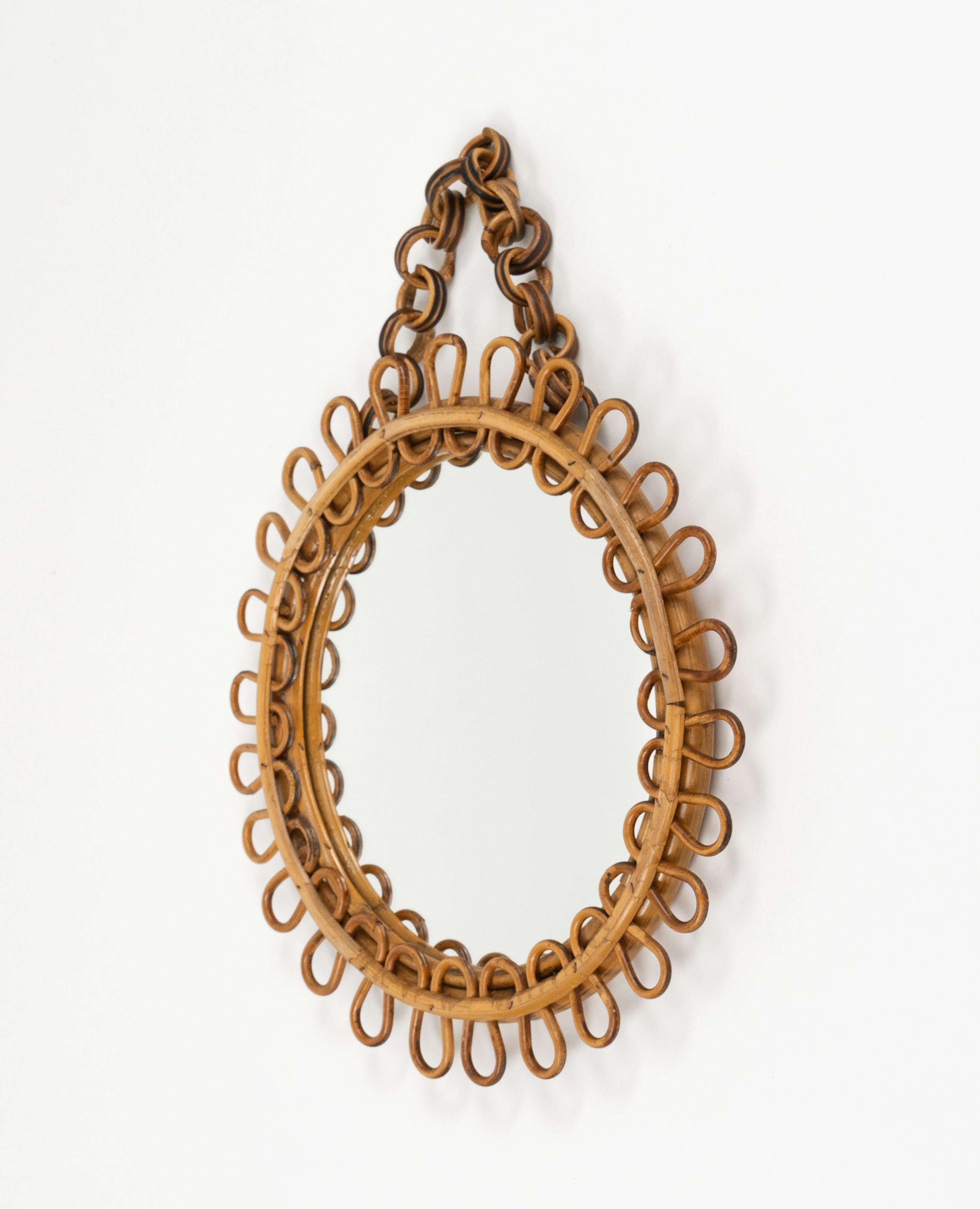 Espejo de pared redondo de mediados de siglo Estilo Franco Albini de ratán y bambú, Italia Años 60 Italiano en venta