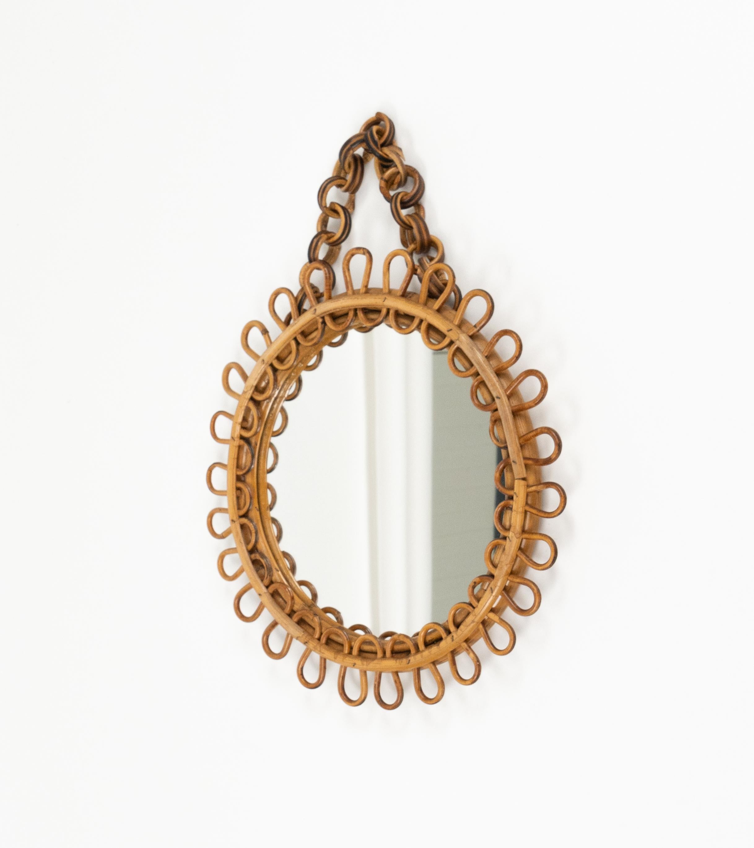 Espejo de pared redondo de mediados de siglo Estilo Franco Albini de ratán y bambú, Italia Años 60 en Bueno estado para la venta en Rome, IT