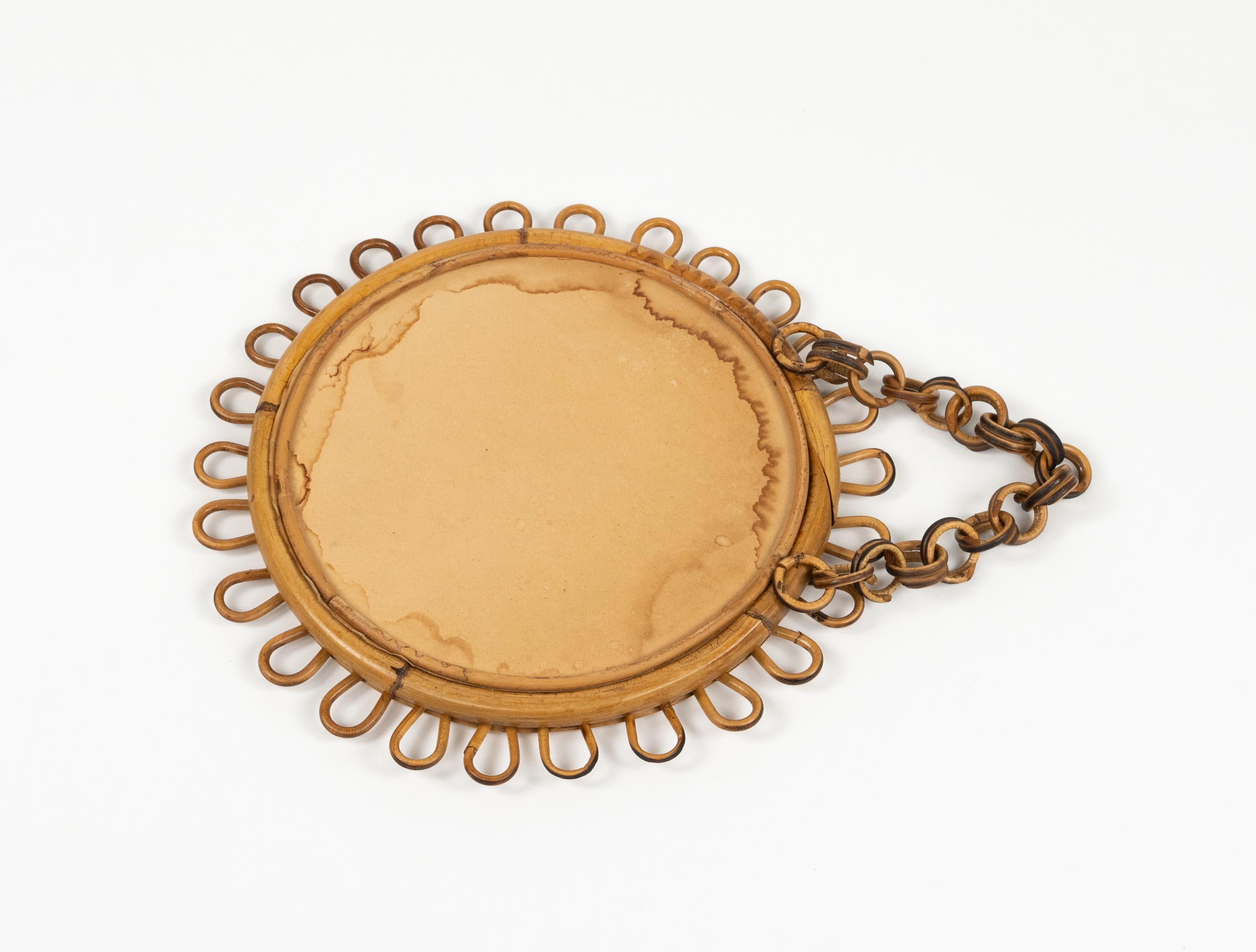 Espejo de pared redondo de mediados de siglo Estilo Franco Albini de ratán y bambú, Italia Años 60 en venta 1
