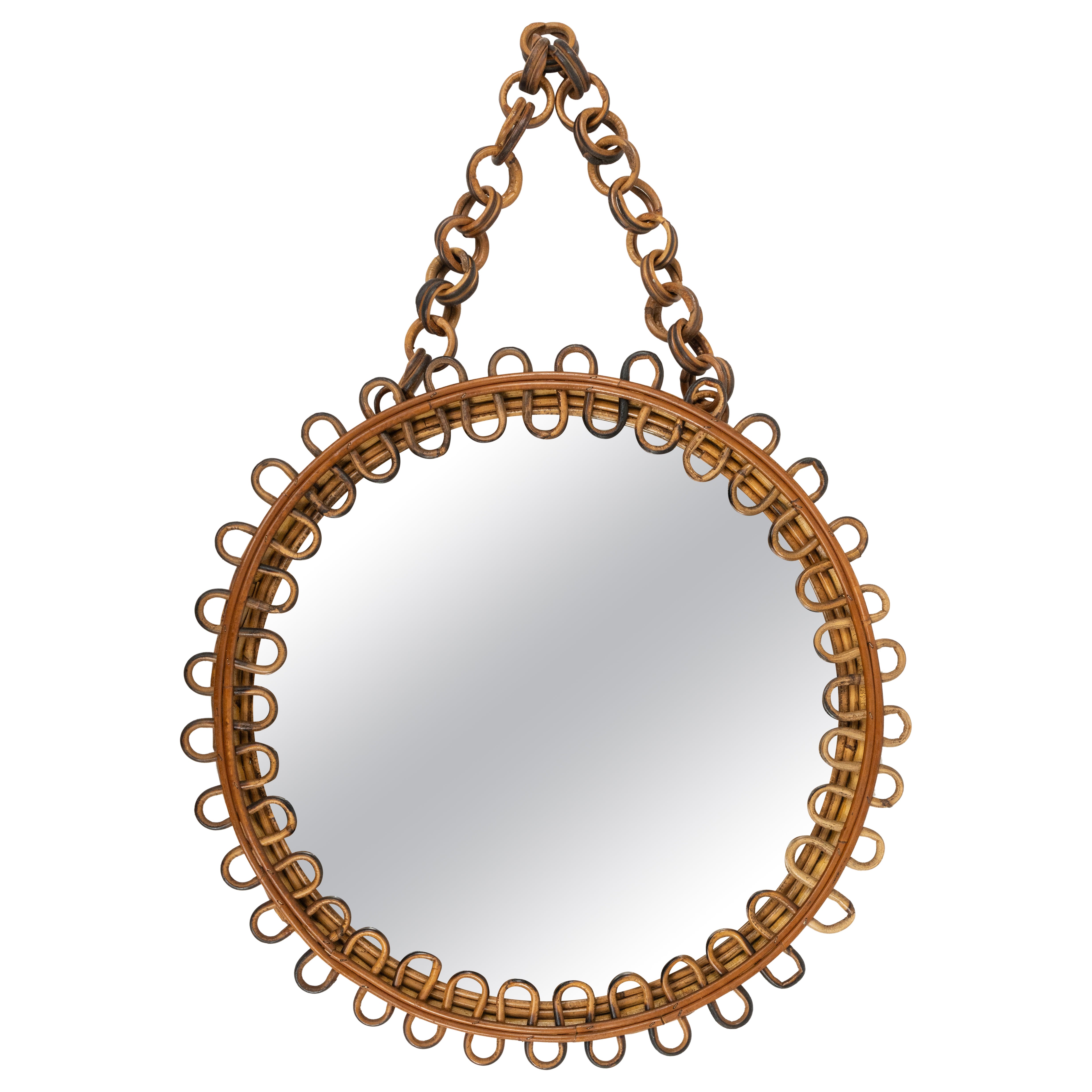 Midcentury Round Wall Mirror Rattan and Bamboo Franco Albini Style, Italy 1960s