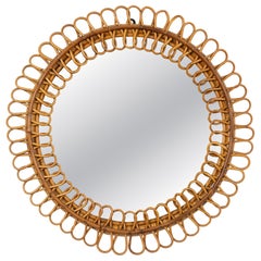 Midcentury Round Wall Mirror Rattan and Bamboo Franco Albini Style, Italy 1960s