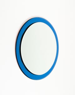Midcentury Round Wall Mirror with Blue Border Cristal Arte Style, Italy 1970s