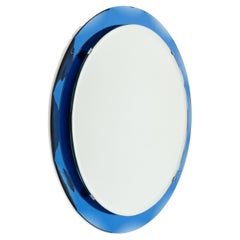 Midcentury Round Wall Mirror with Blue Frame Cristal Arte Style, Italy 1970s