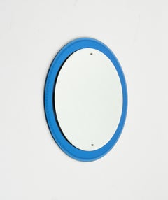 Midcentury Round Wall Mirror with Blue Frame Fontana Arte Style, Italy 1960s