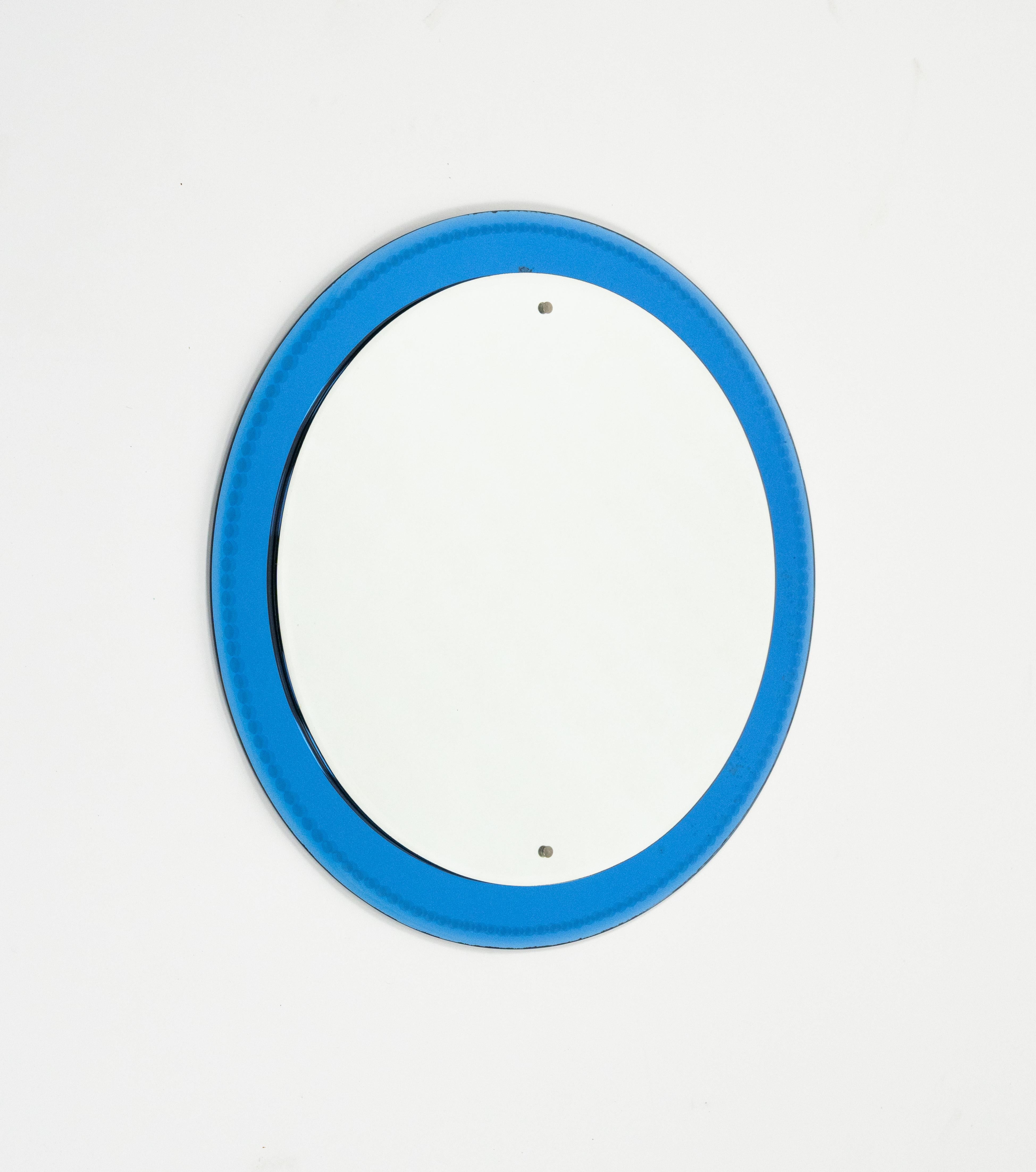 Midcentury Round Wall Mirror with Blue Frame Fontana Arte Style, Italy 1960s (Italienisch) im Angebot