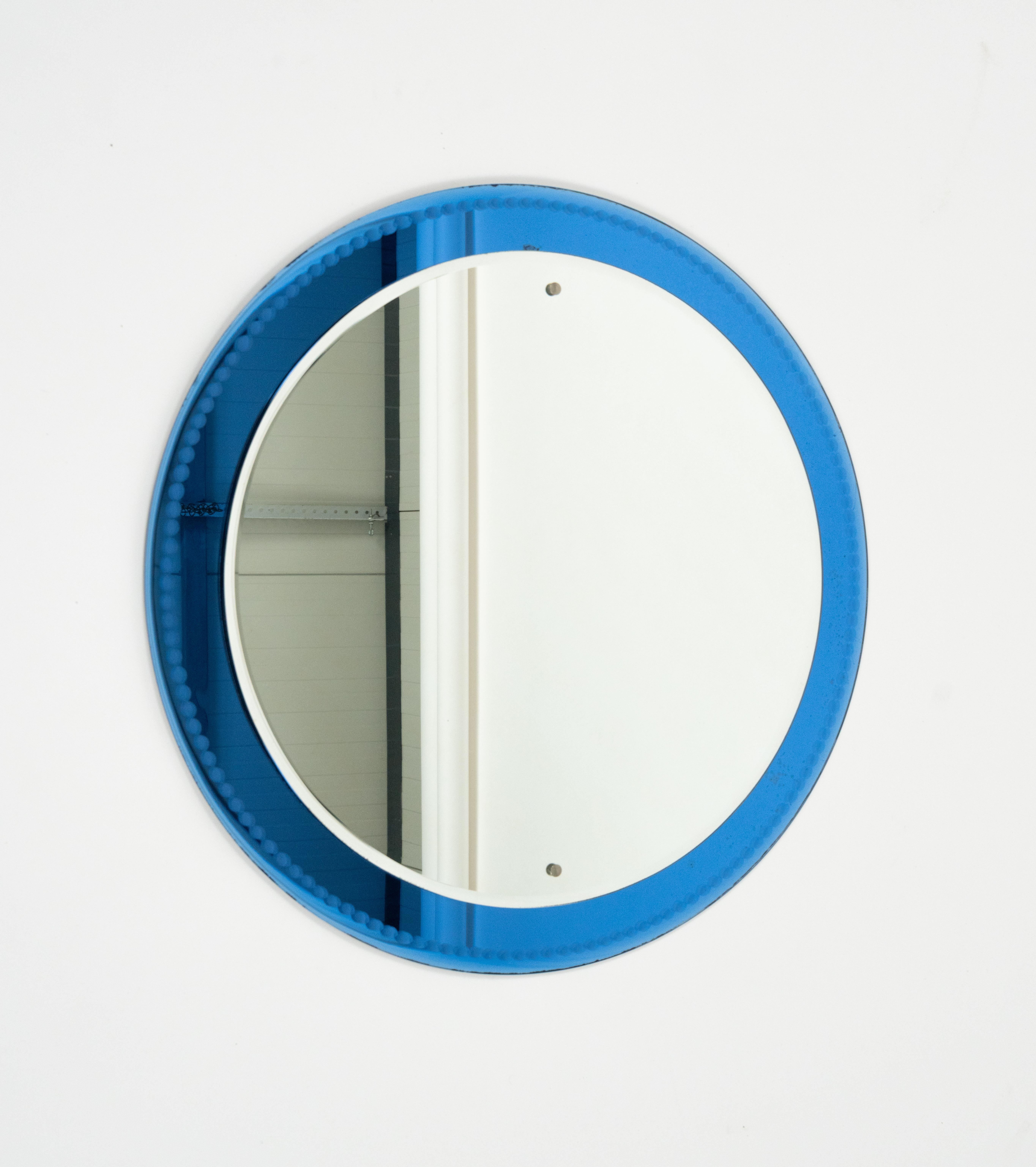 Midcentury Round Wall Mirror with Blue Frame Fontana Arte Style, Italy 1960s (Mitte des 20. Jahrhunderts) im Angebot