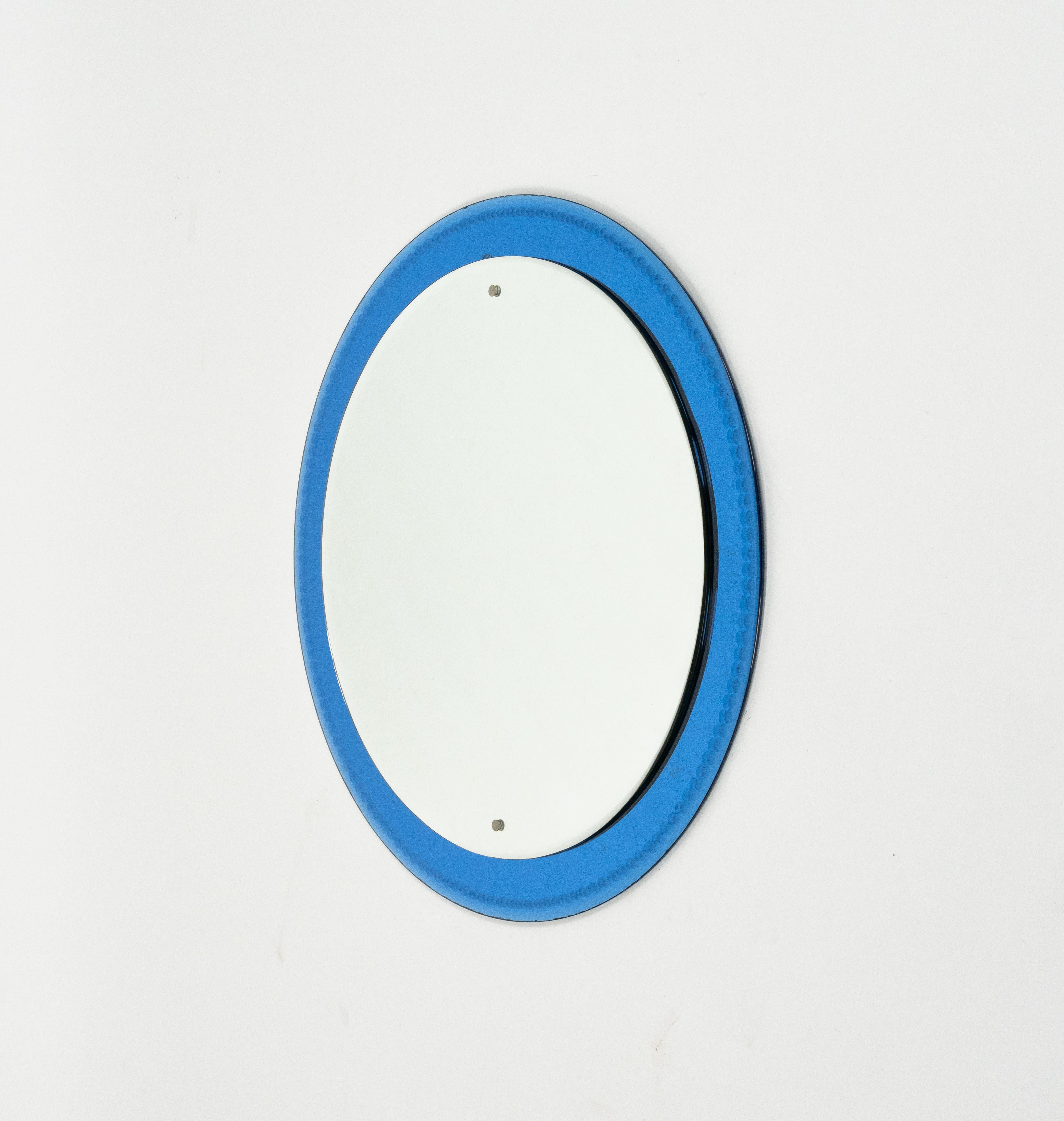 Midcentury Round Wall Mirror with Blue Frame Fontana Arte Style, Italy 1960s (Spiegel) im Angebot