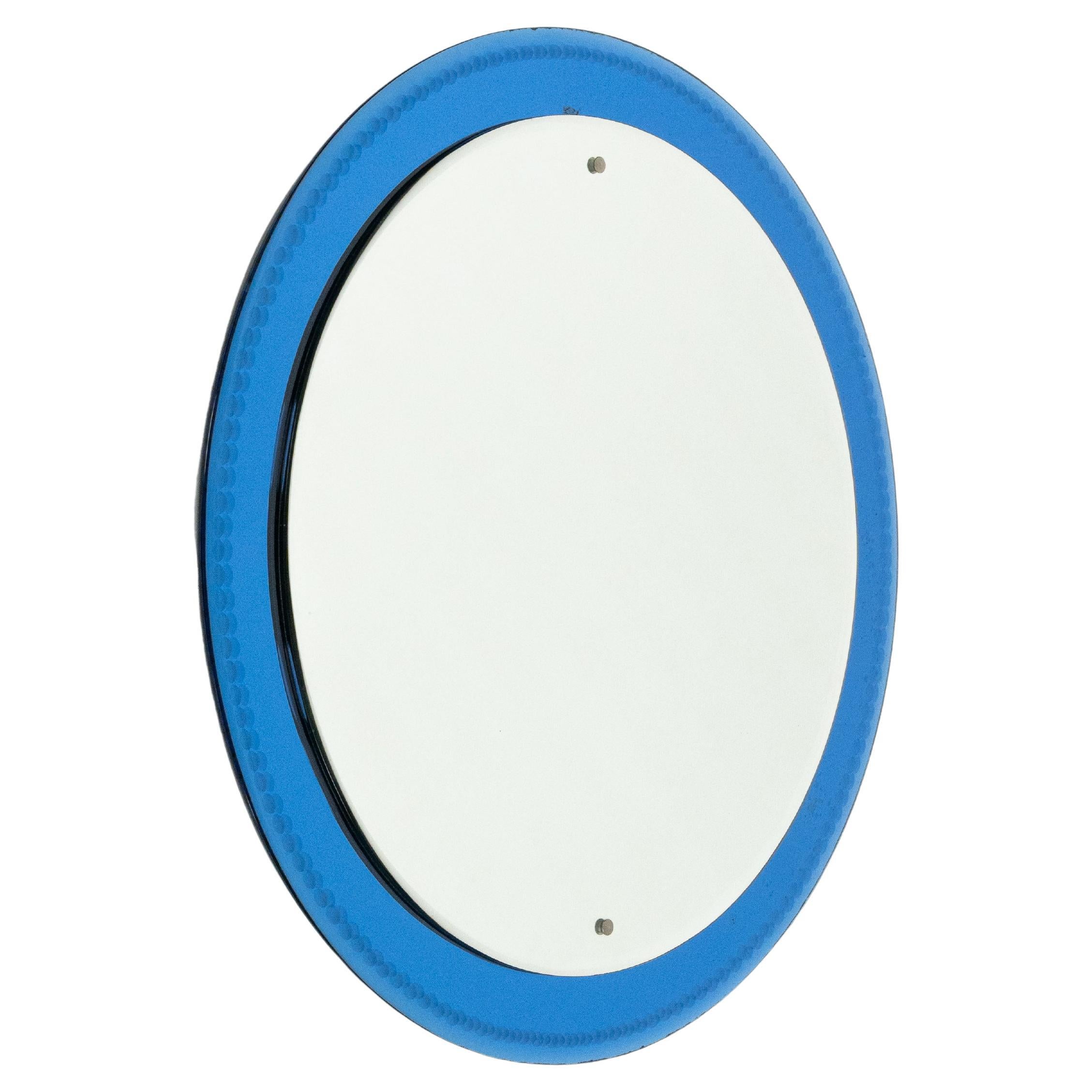 Midcentury Round Wall Mirror with Blue Frame Fontana Arte Style, Italy 1960s im Angebot
