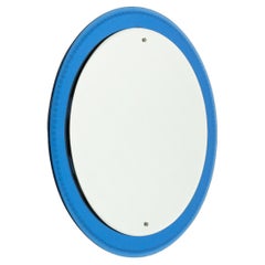 Midcentury Round Wall Mirror with Blue Frame Fontana Arte Style, Italy 1960s