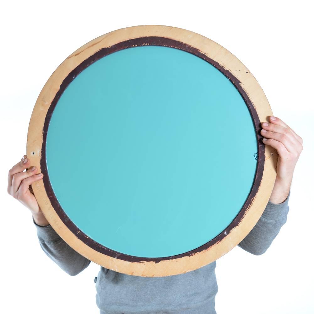 Midcentury Round Wall Mirror with Inlay Wood Frame, Czechslovakia, 1970s In Good Condition In Zohor, SK