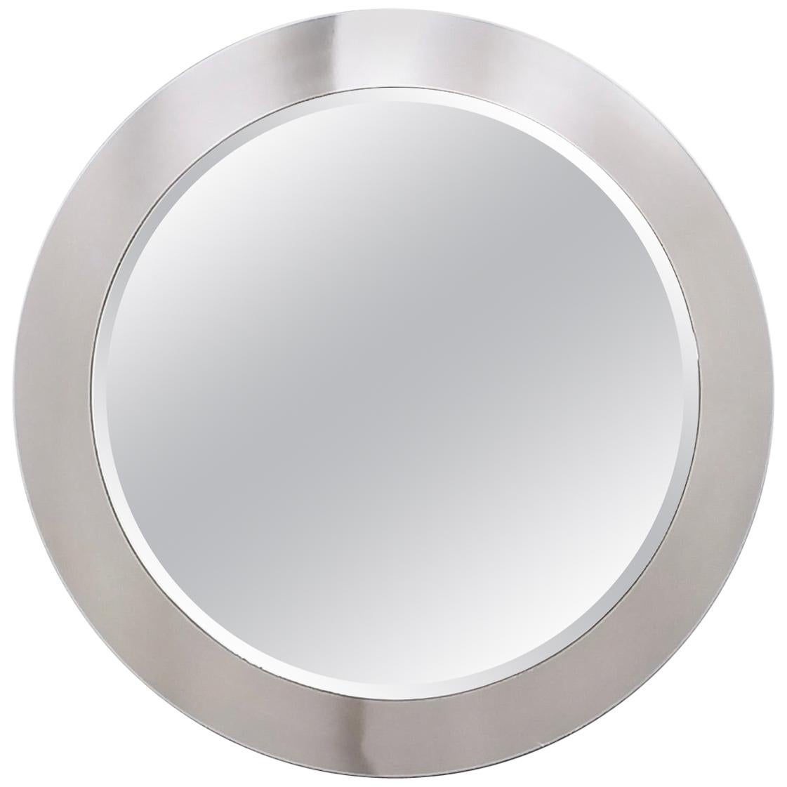 Postmodern Round Wall Mirror with Mirrored Steel Frame, Italy