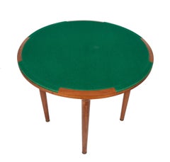 Midcentury Round Walnut Italian Game Table with Green Felt Cloth, 1970