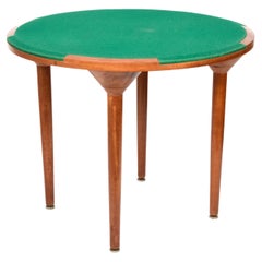 Midcentury Round Walnut Italian Game Table with Green Felt Cloth, 1970