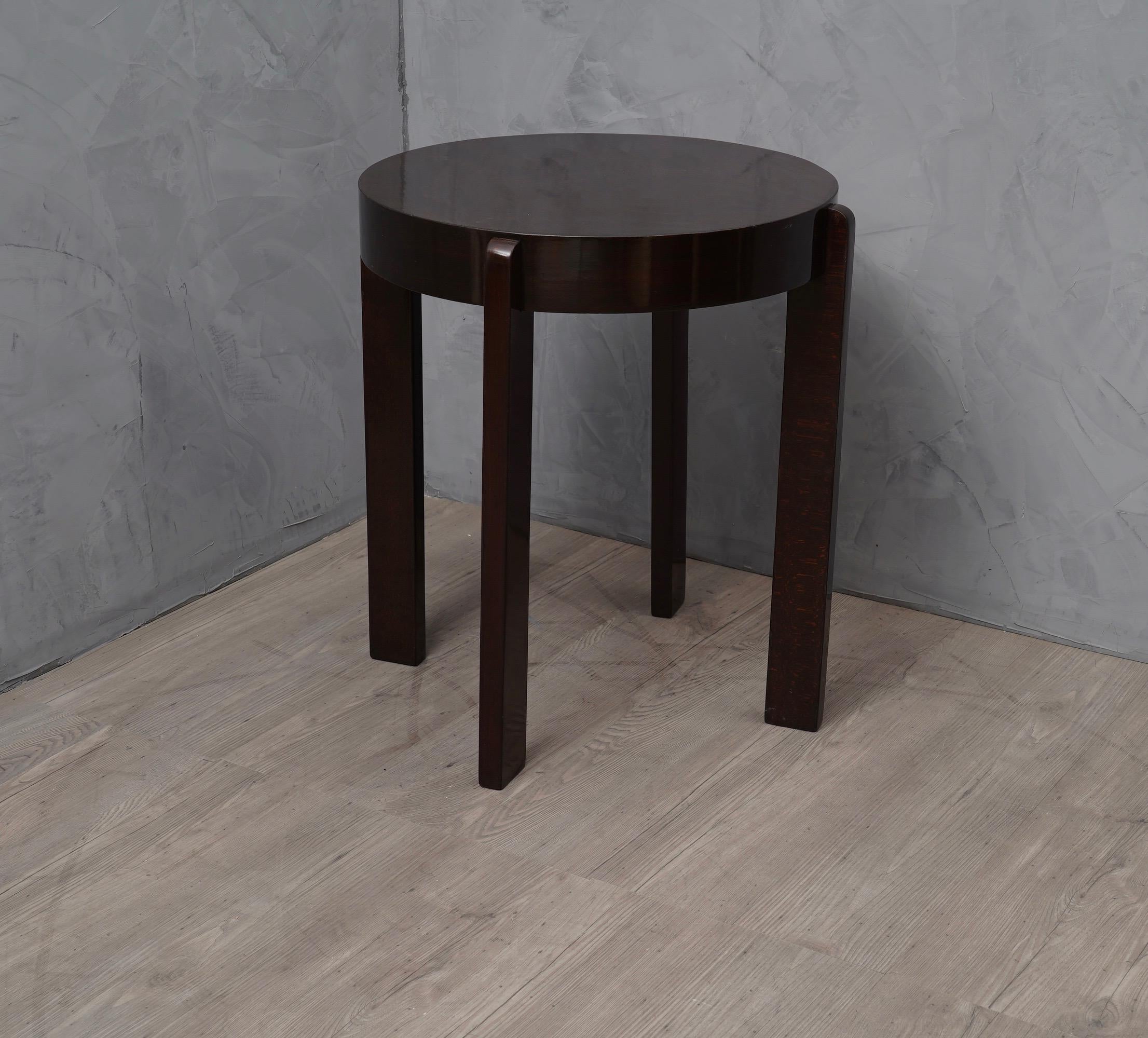 Mid-Century Modern Midcentury Round Walnut Wood Stained in Dark Mahogany Side Table, 1940 For Sale