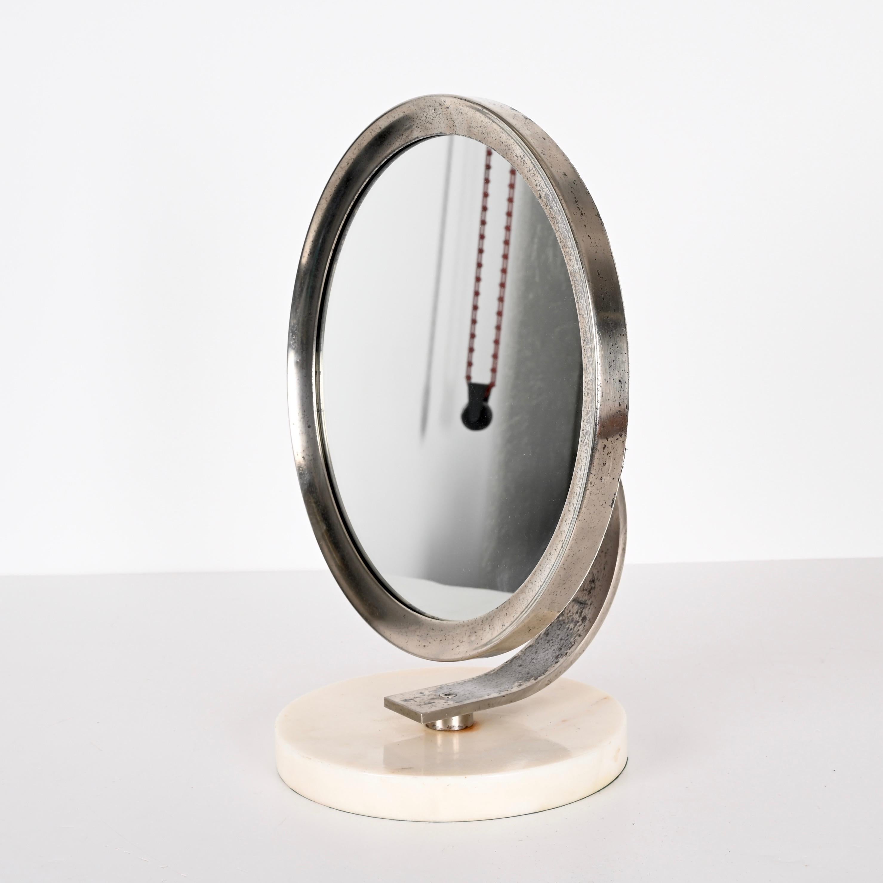 Midcentury Round White Carrara Marble and Steel Italian Dressing Mirror, 1960s For Sale 9