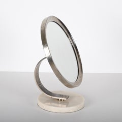 Midcentury Round White Carrara Marble and Steel Italian Dressing Mirror, 1960s