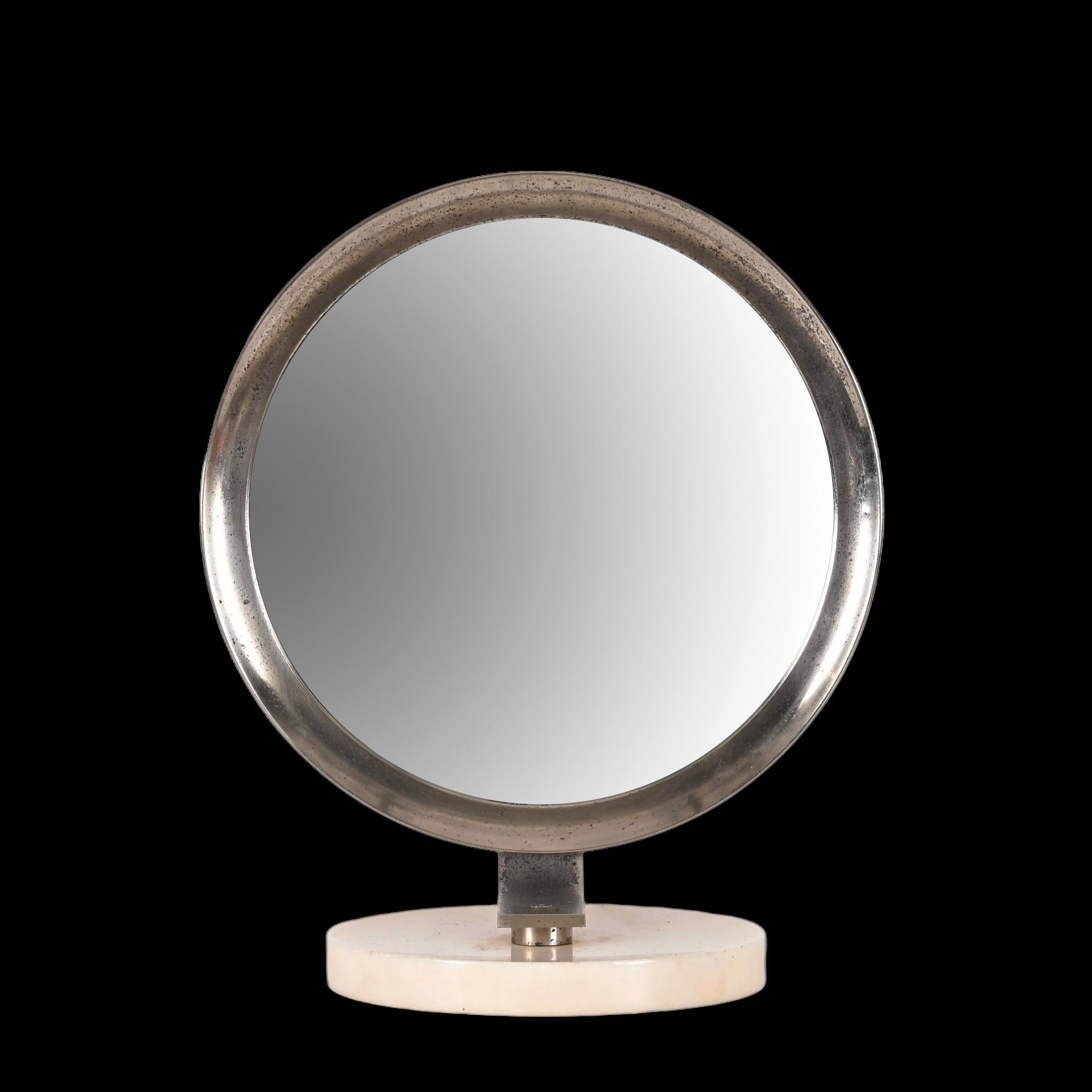 Midcentury Round White Carrara Marble and Steel Italian Dressing Mirror, 1960s In Good Condition For Sale In Roma, IT