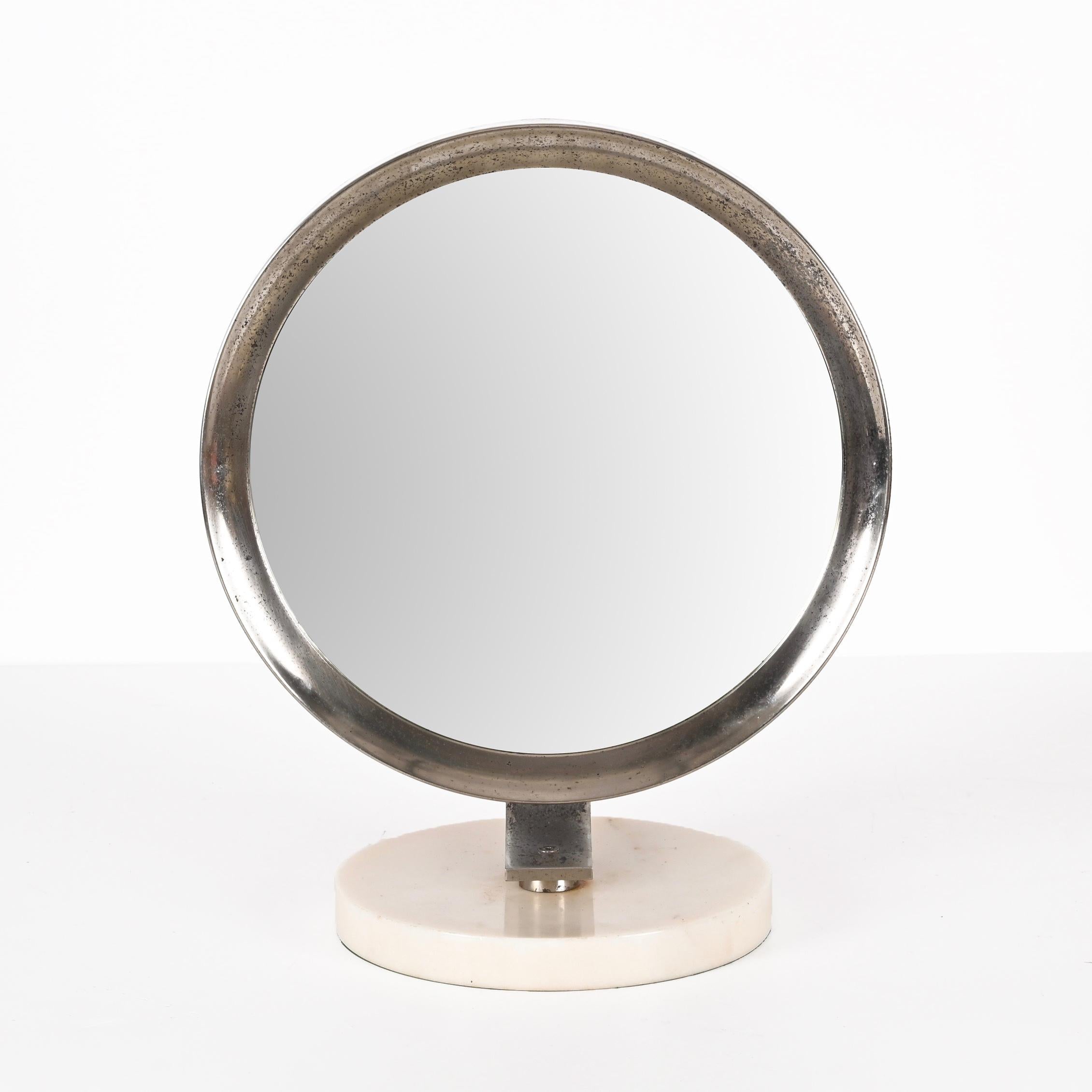 Midcentury Round White Carrara Marble and Steel Italian Dressing Mirror, 1960s For Sale 2