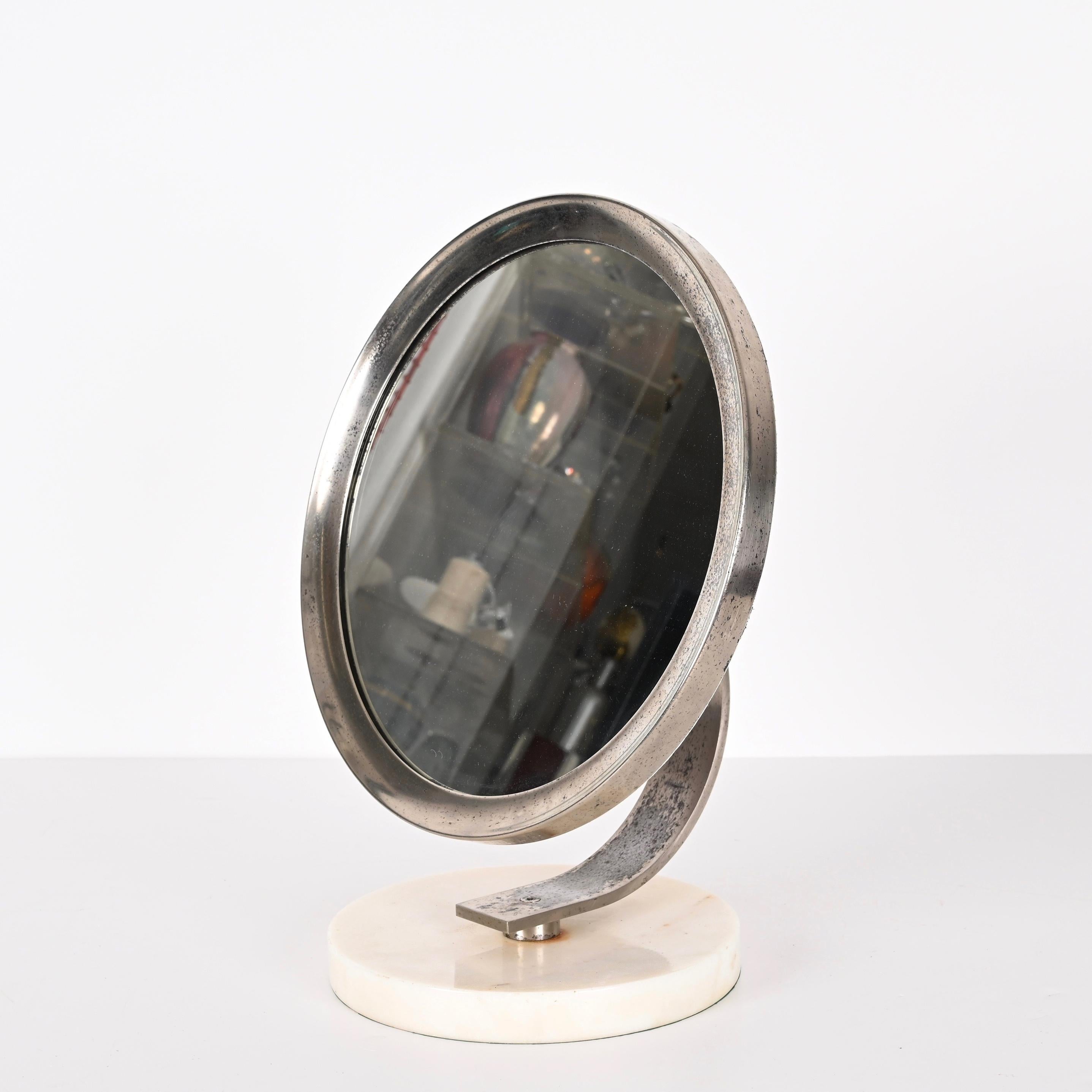 Midcentury Round White Carrara Marble and Steel Italian Dressing Mirror, 1960s For Sale 4