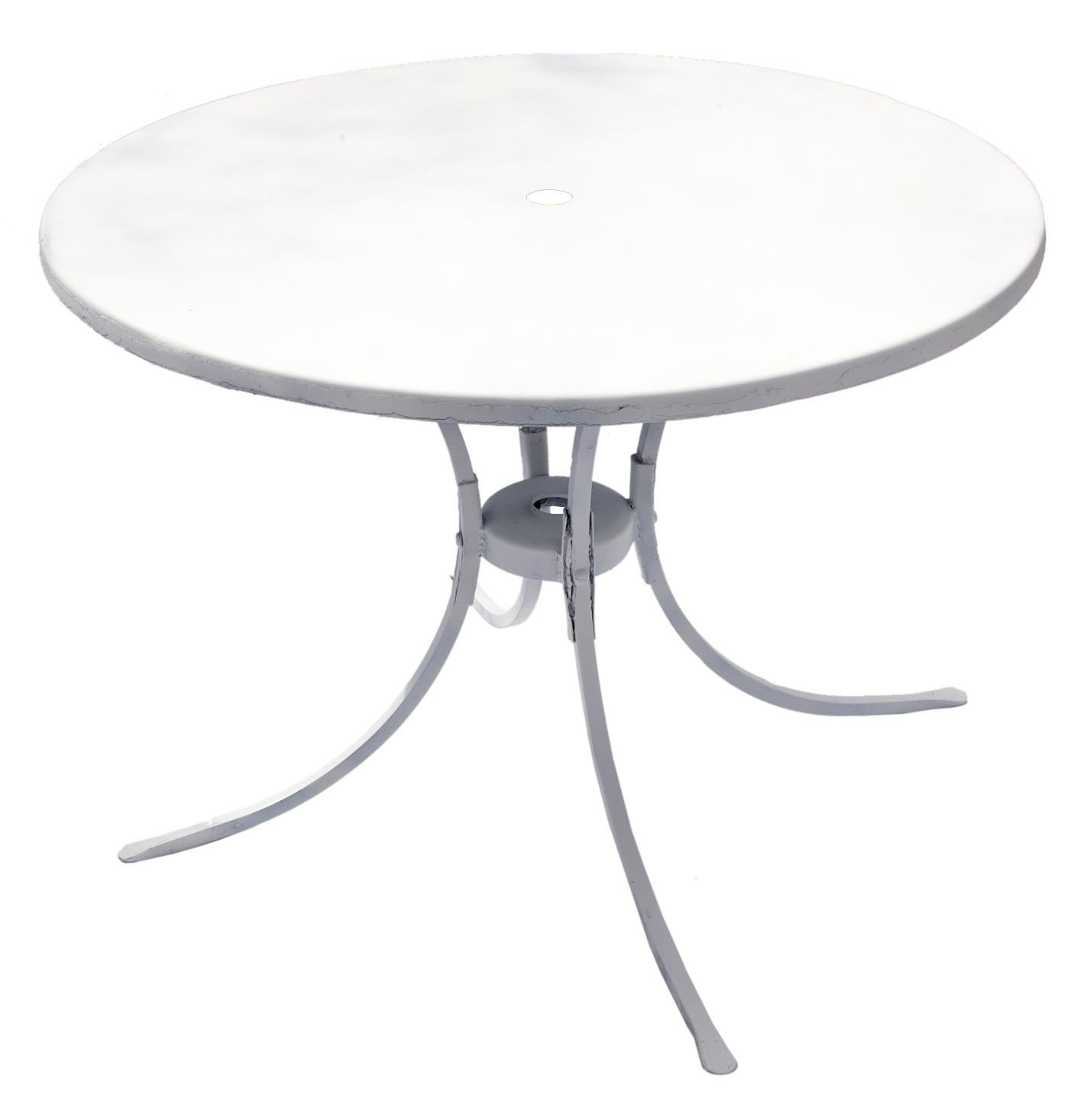 Round patio table with umbrella hole/holder.
New paint in clear clean white satin finish.