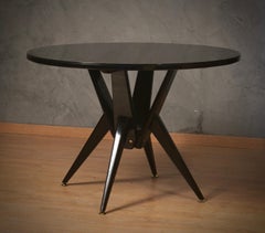 Art Deco Round Wood Black Glass and Brass Dinning Table / Center Table, 1950
