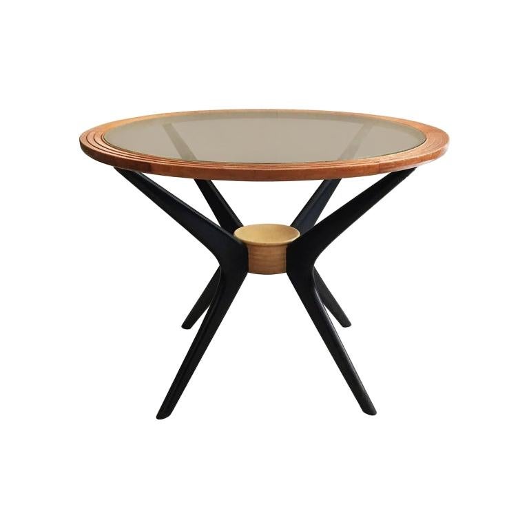 Midcentury Round Wood Side Table With, Round Wooden Side Table With Glass Top