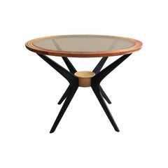 Midcentury Round Wood Side Table with Bronze Glass Top and Ebonized Splayed Legs