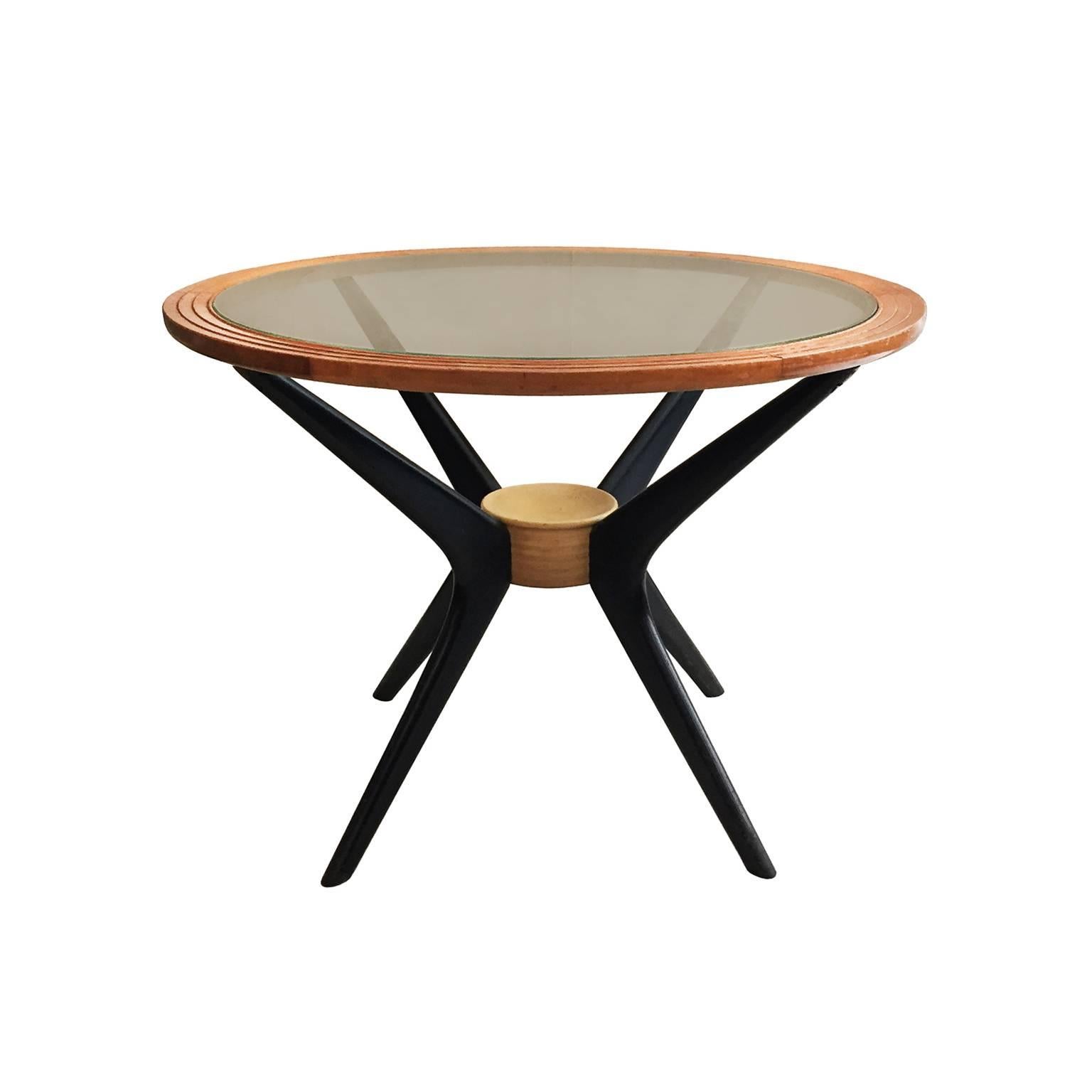 Midcentury Round Wood Side Table with Bronze Glass Top and Ebonized Splayed Legs For Sale