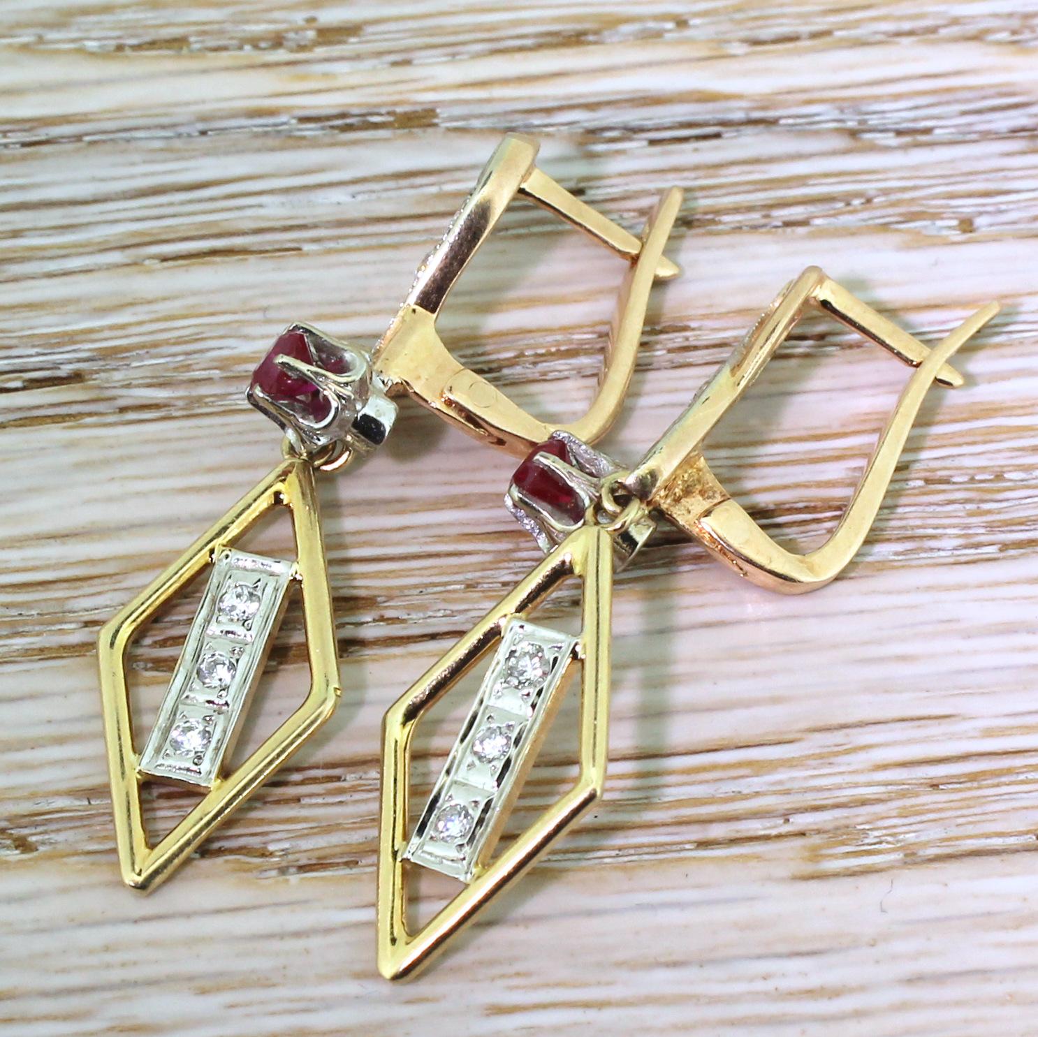 Midcentury Ruby and Diamond Drop Earrings In Good Condition For Sale In Essex, GB