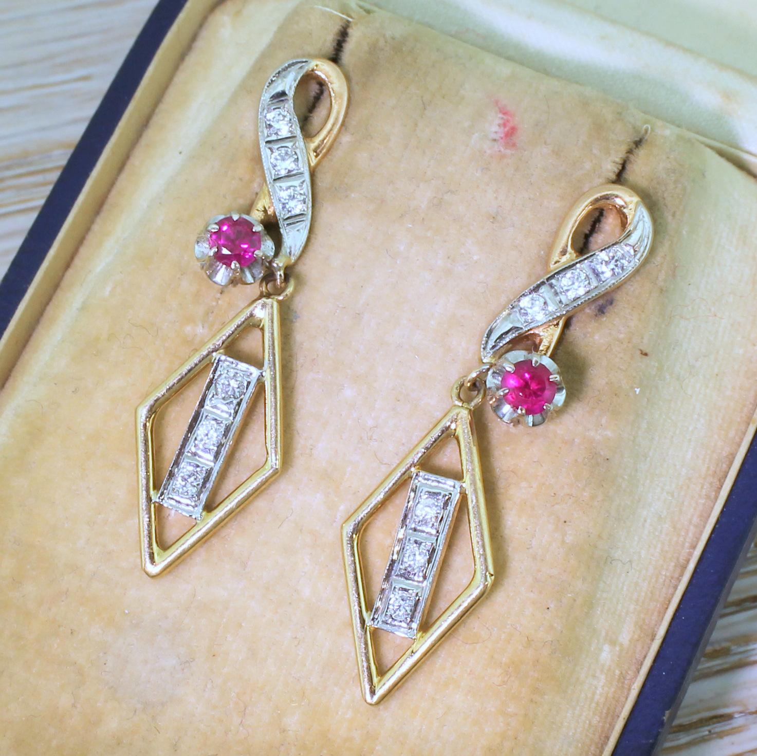 Midcentury Ruby and Diamond Drop Earrings For Sale 1