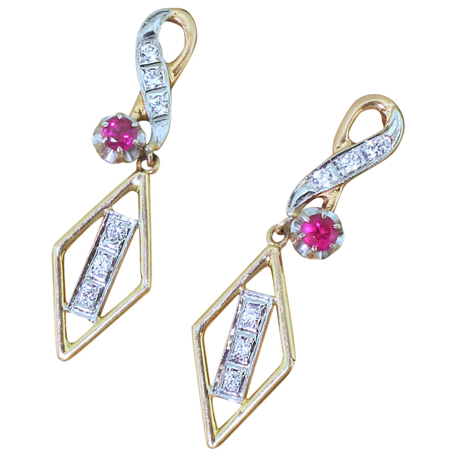 Midcentury Ruby and Diamond Drop Earrings For Sale