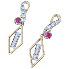 Midcentury Ruby and Diamond Drop Earrings