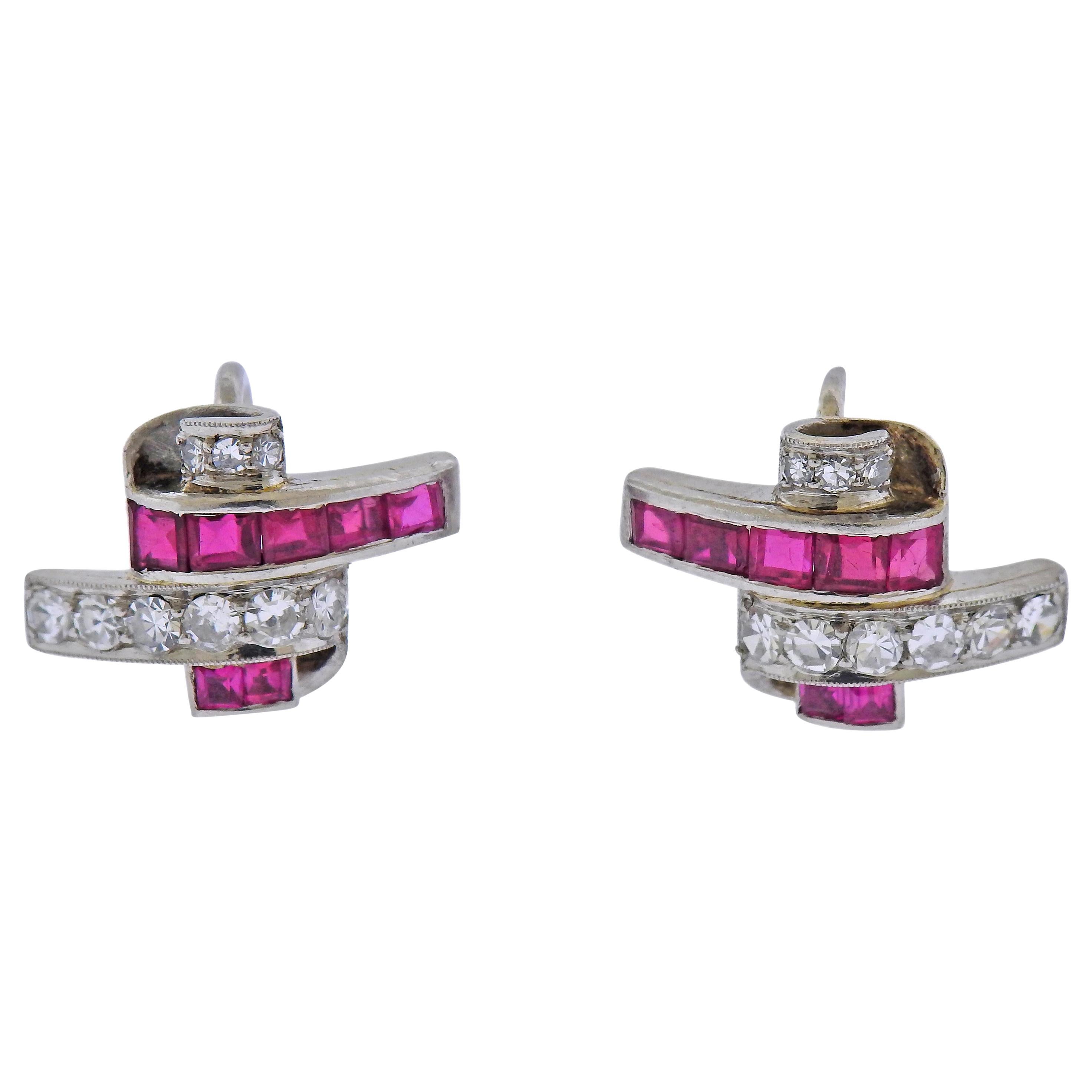 Midcentury Ruby Diamond Platinum Earrings