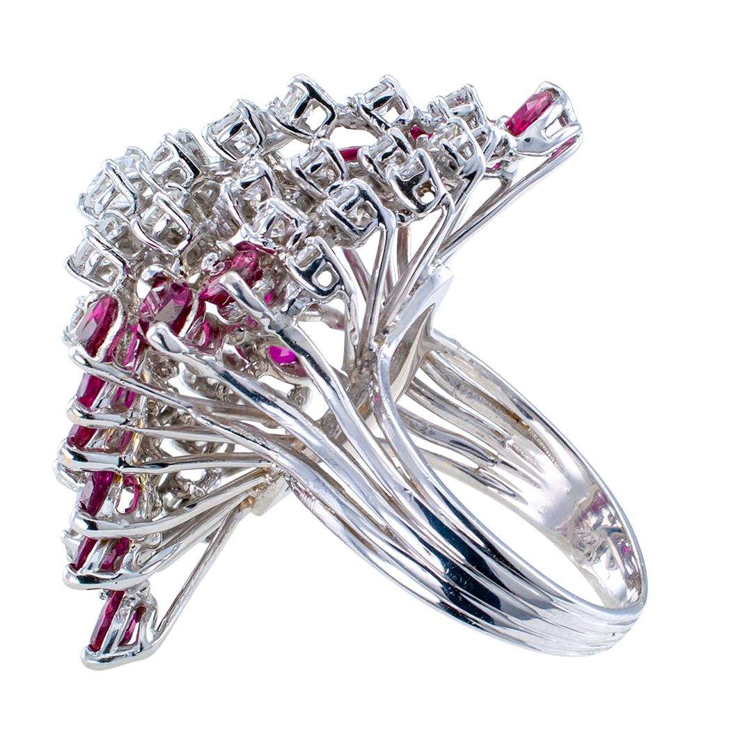 Midcentury Ruby Diamond White Gold Cocktail Ring In Excellent Condition In Los Angeles, CA