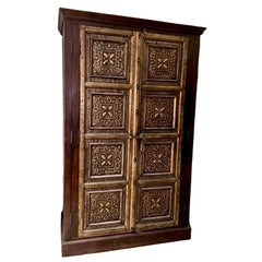 Midcentury Rustic Antique Bronze Iron Front Cabinet from India