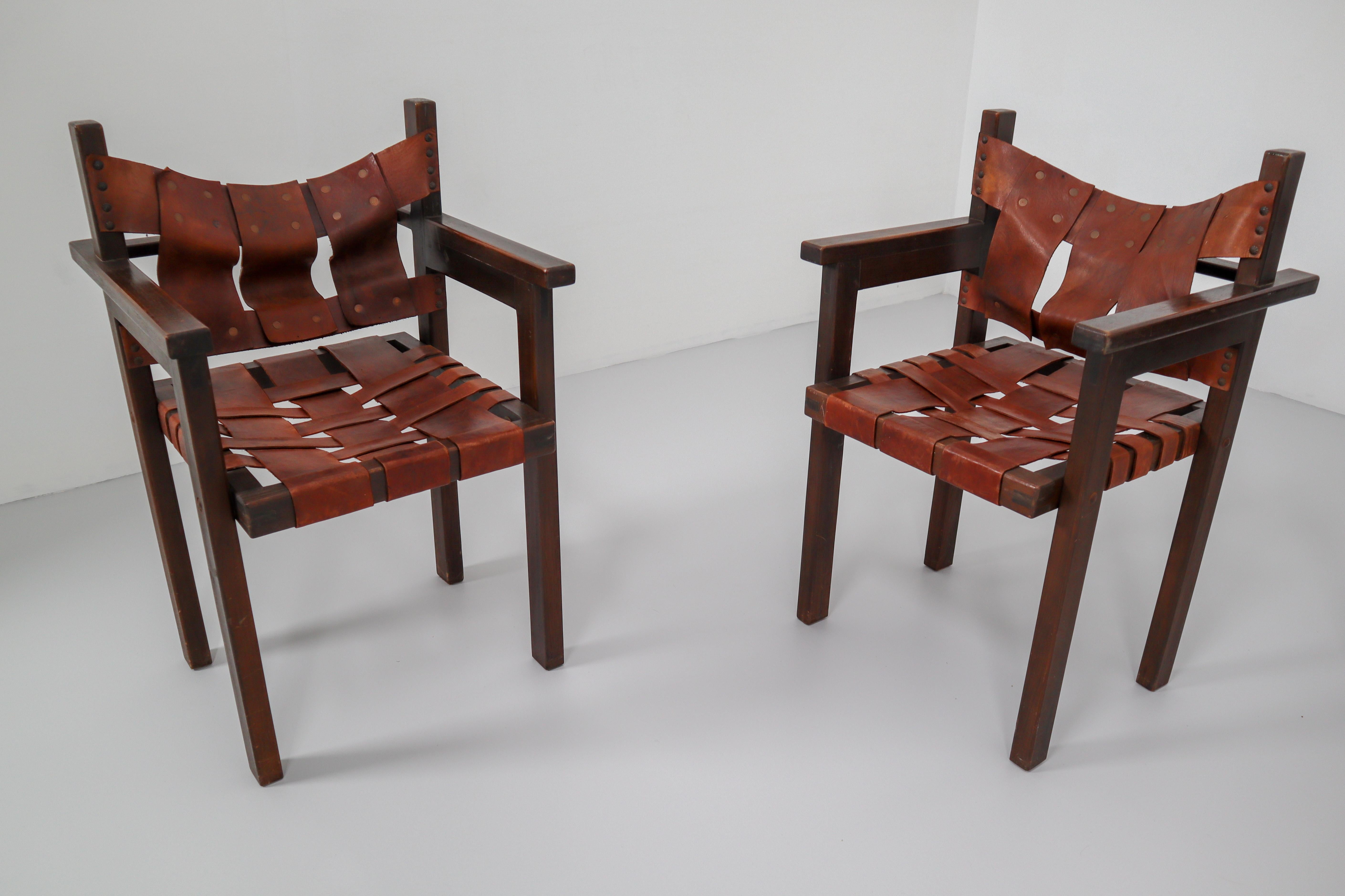 European Midcentury Safari Armchairs with Cognac Patinated Leather, 1960s