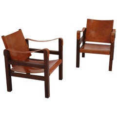 Midcentury Safari Chairs in Oak and Cognac Patinated Leather, France, 1960s