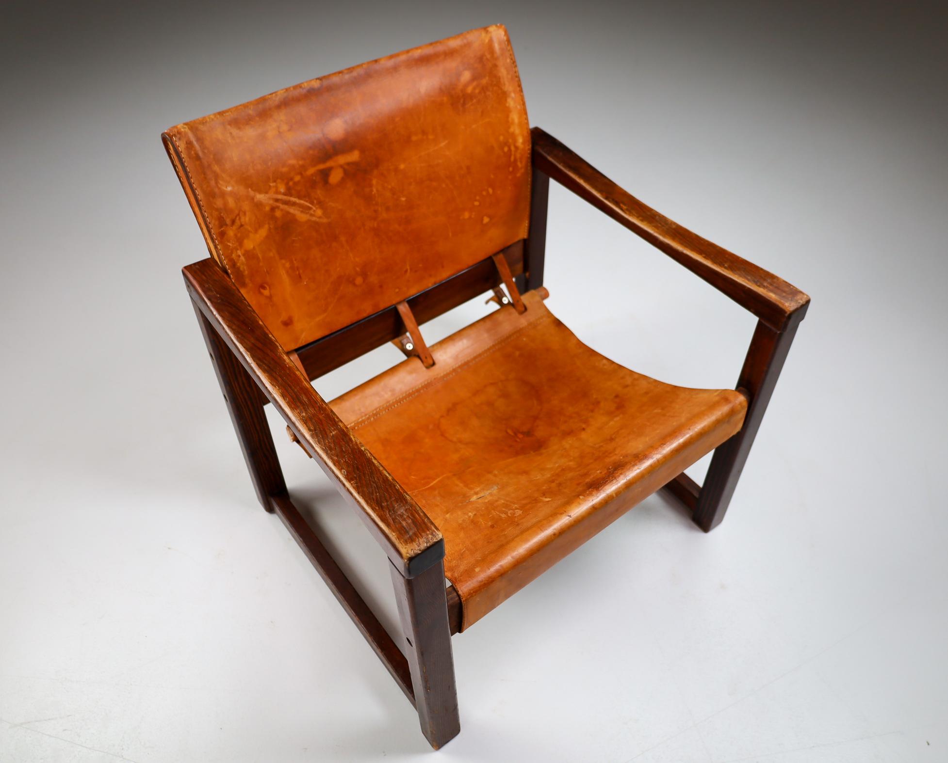 European Midcentury Safari Lounge Chair in Patinated Cognac Saddle Leather, 1970s