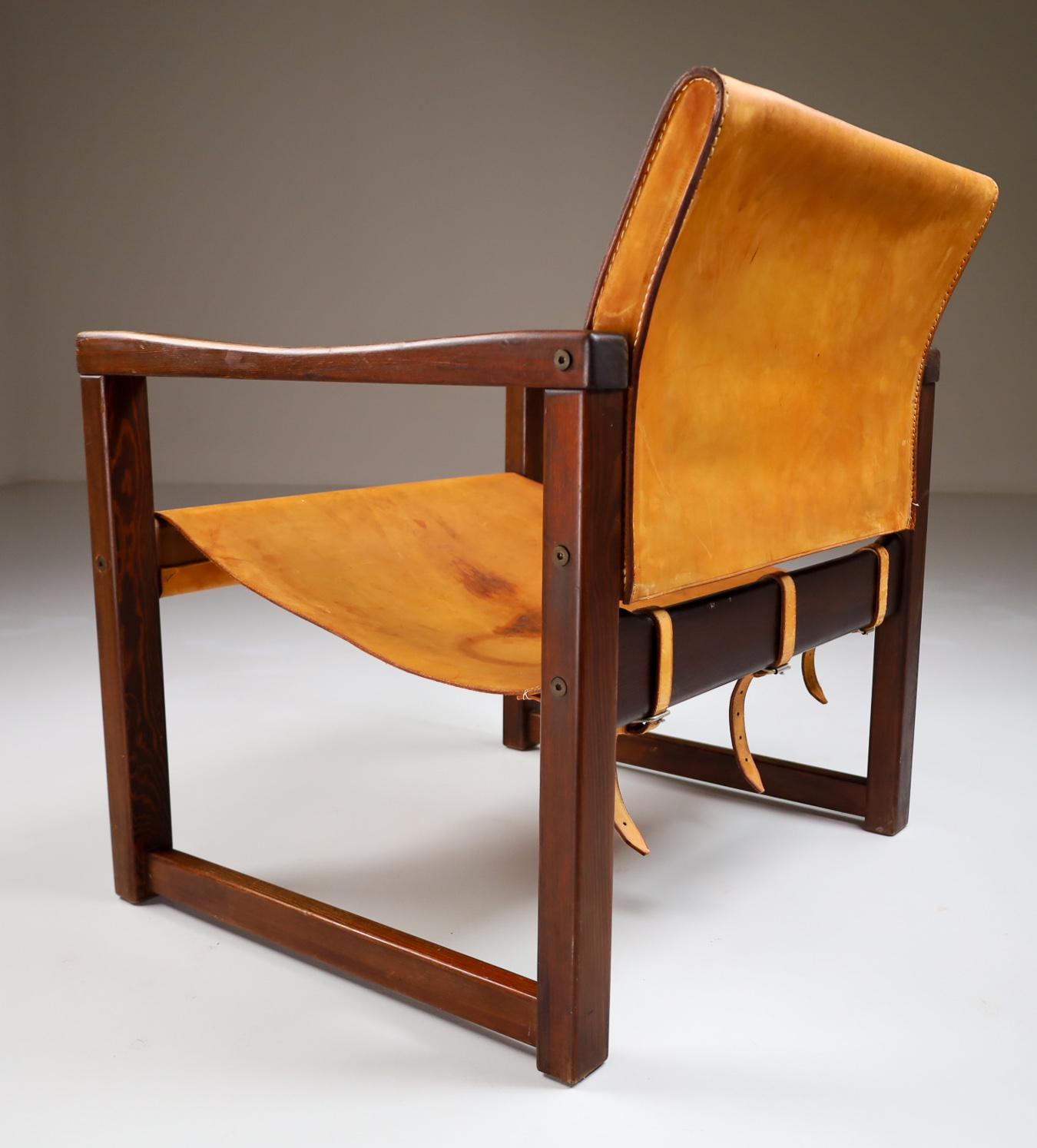 European Midcentury Safari Lounge Chair in Patinated Cognac Saddle Leather, 1970s