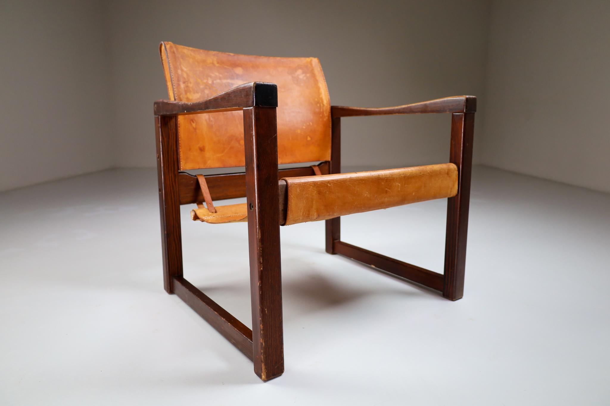 Midcentury Safari Lounge Chair in Patinated Cognac Saddle Leather, 1970s 1