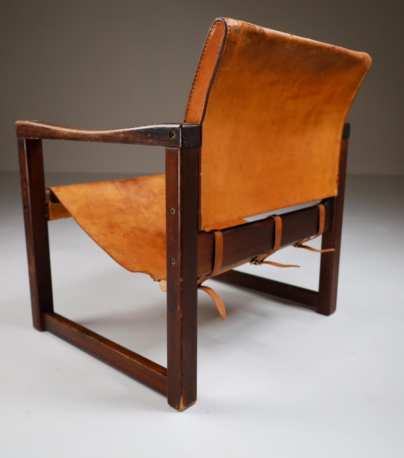 Midcentury Safari Lounge Chair in Patinated Cognac Saddle Leather, 1970s 2