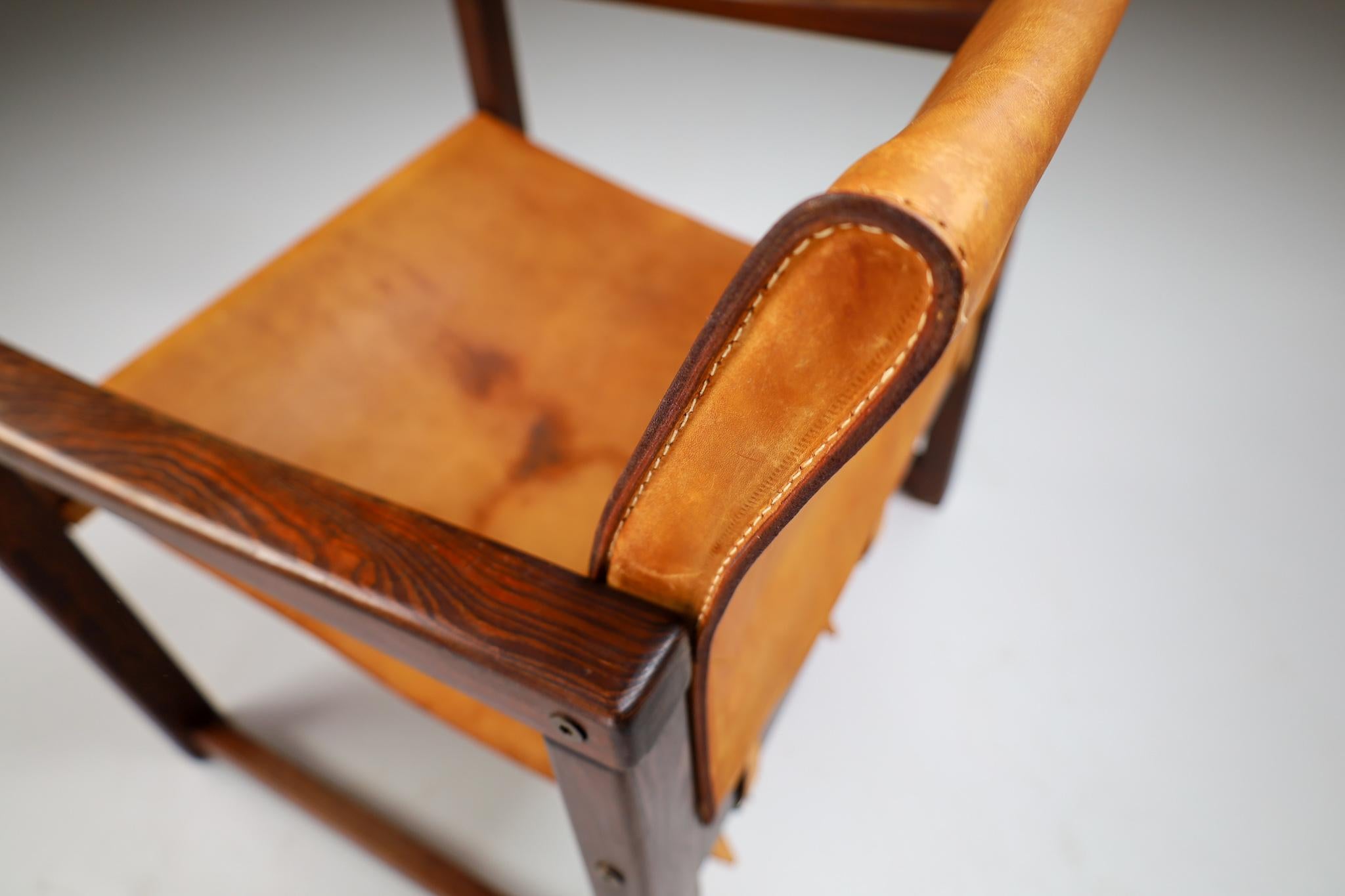 Midcentury Safari Lounge Chair in Patinated Cognac Saddle Leather, 1970s 2