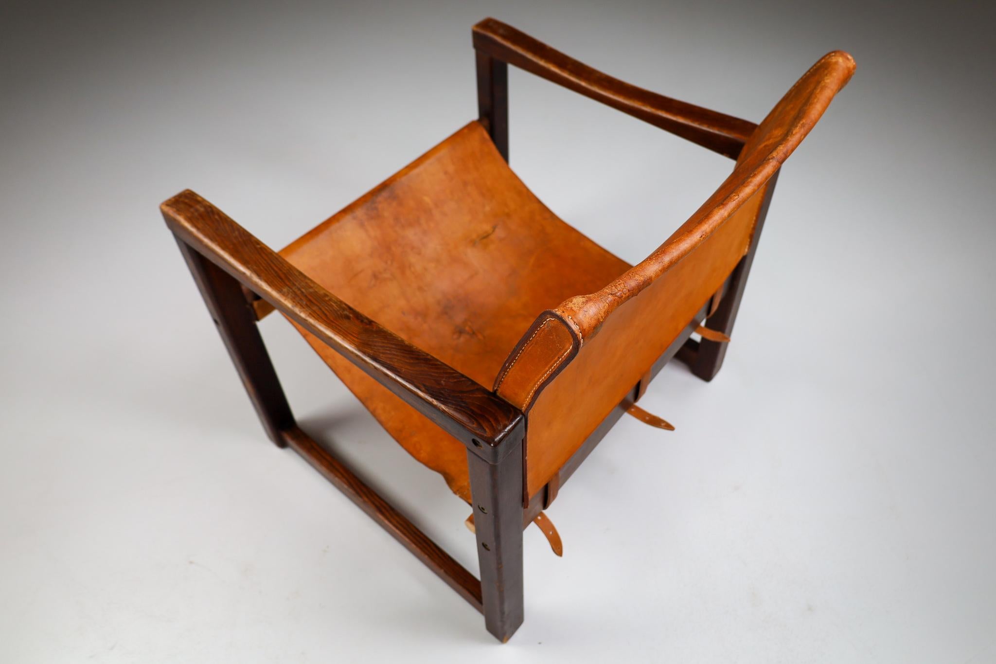Midcentury Safari Lounge Chair in Patinated Cognac Saddle Leather, 1970s 3